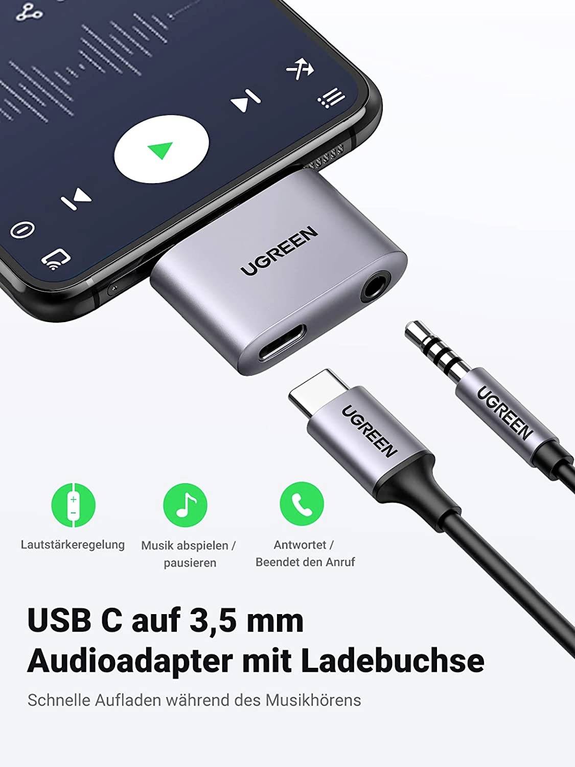 UGREEN USB-C® Adapter [1x USB-C® Stecker - 2x USB-C® Buchse, Kopfhörer (3.5 mm Klinke)] USB C Kopfhörer Adapter