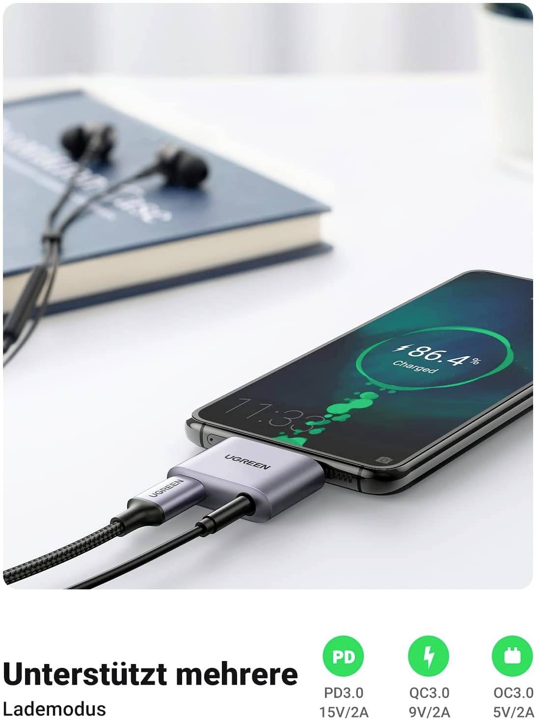 UGREEN USB-C® Adapter [1x USB-C® Stecker - 2x USB-C® Buchse, Kopfhörer (3.5 mm Klinke)] USB C Kopfhörer Adapter