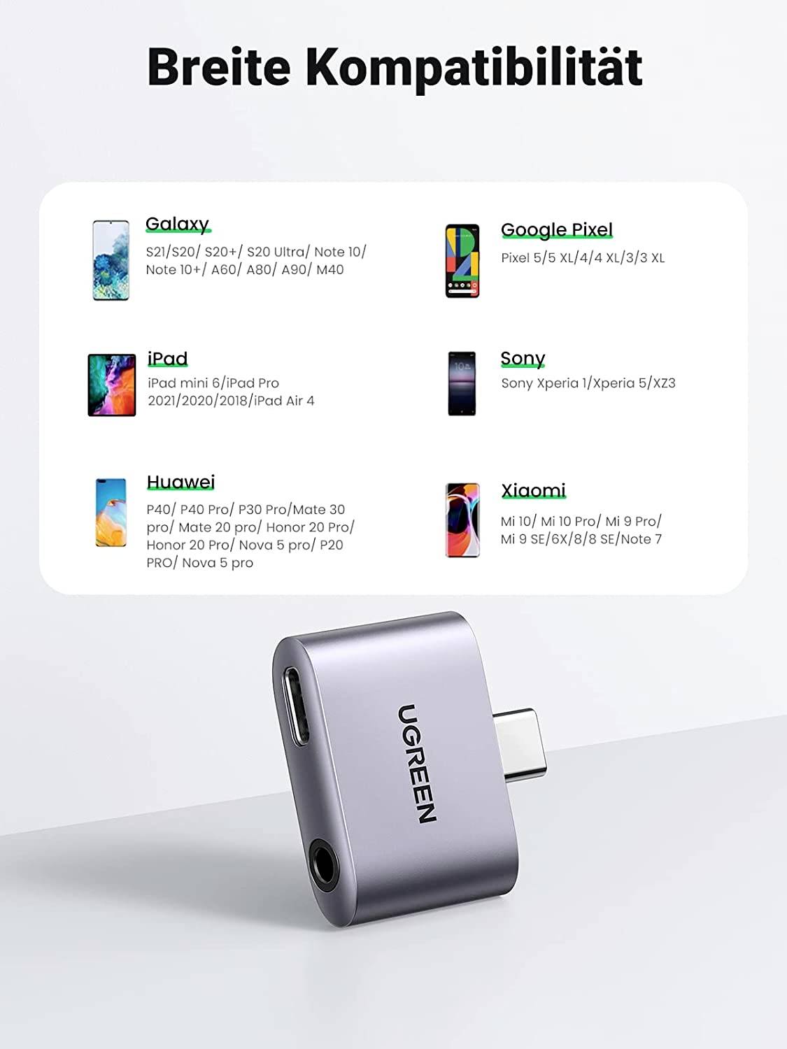 UGREEN USB-C® Adapter [1x USB-C® Stecker - 2x USB-C® Buchse, Kopfhörer (3.5 mm Klinke)] USB C Kopfhörer Adapter