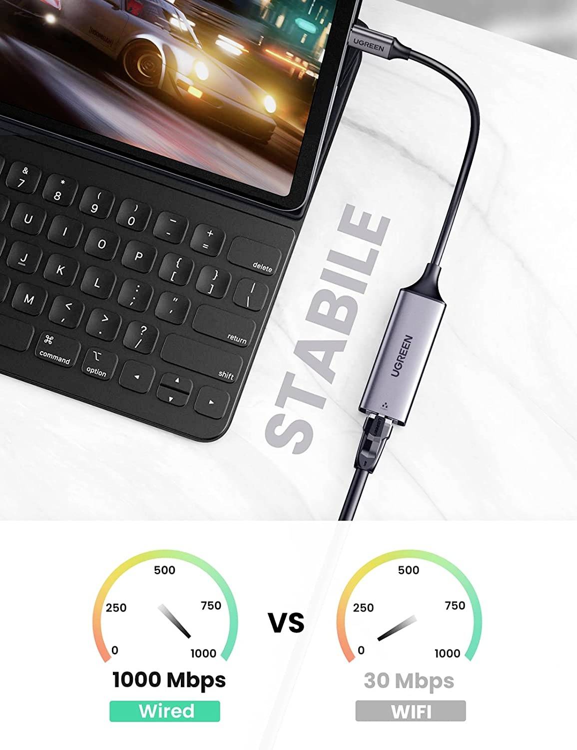 UGREEN USB-C® / RJ45 Netzwerk Adapter [1x USB-C® Stecker - 1x RJ45-Buchse] 10 cm Silber