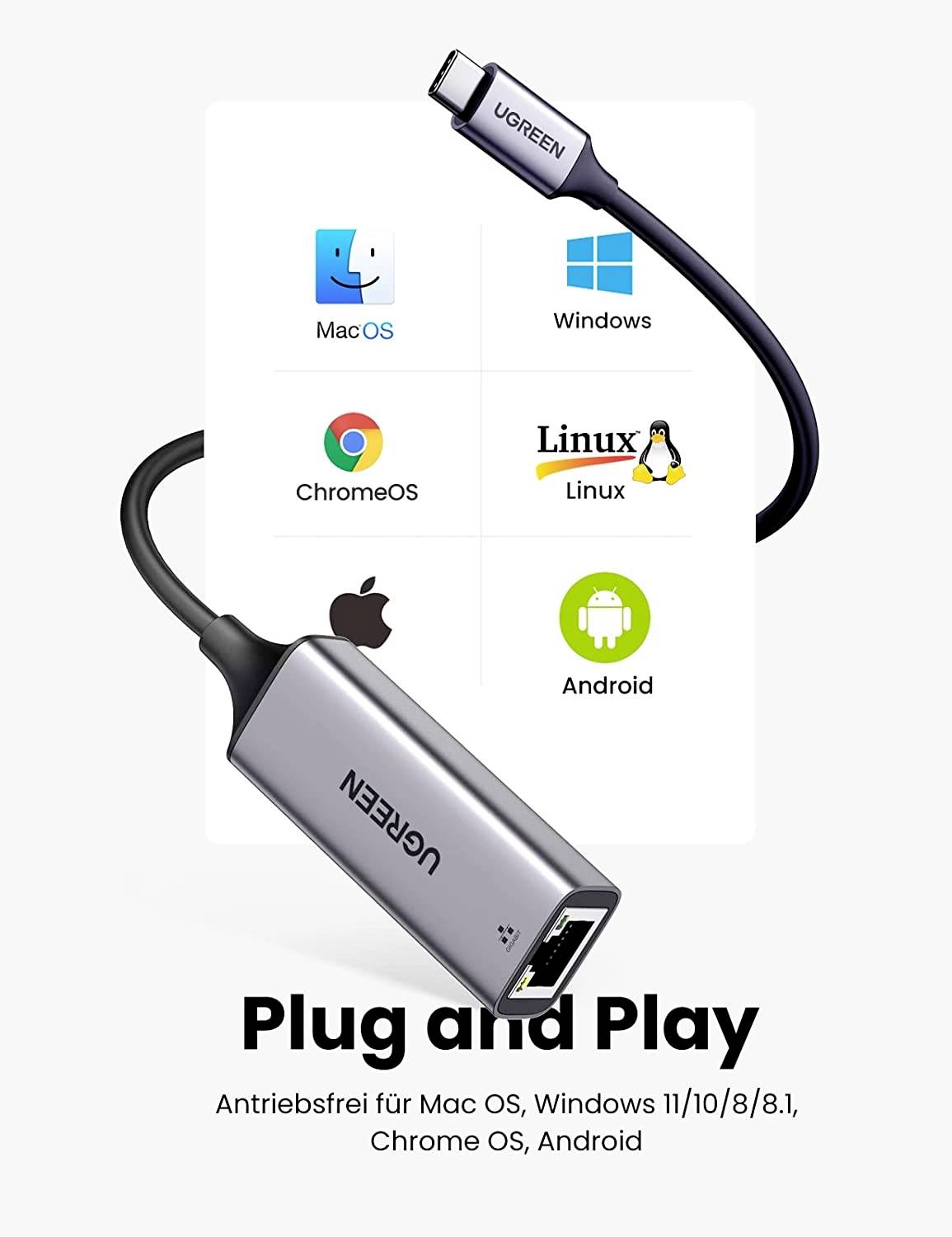 UGREEN USB-C® / RJ45 Netzwerk Adapter [1x USB-C® Stecker - 1x RJ45-Buchse] 10 cm Silber