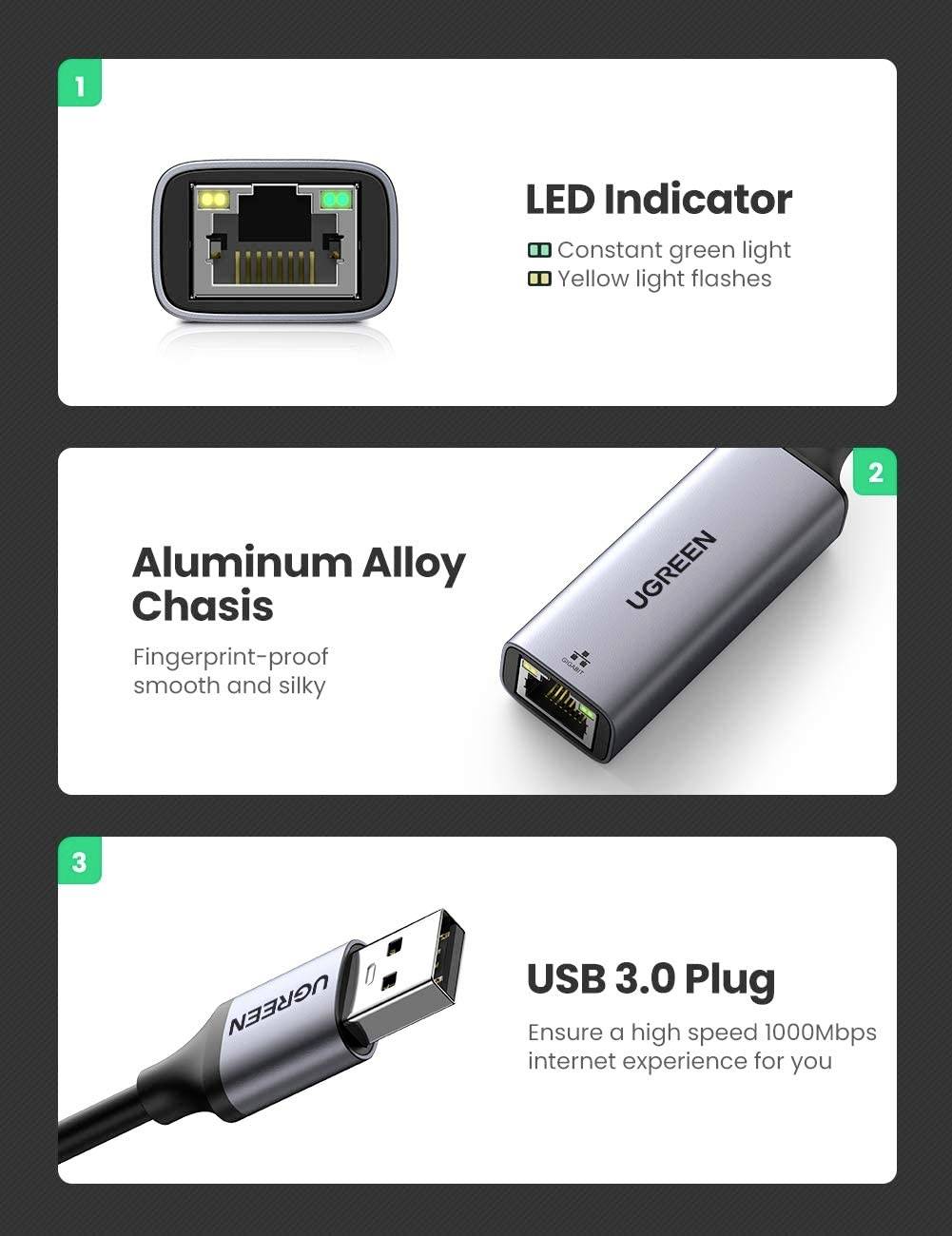 UGREEN USB 3.2 Gen 1 (USB 3.0) / RJ45 Netzwerk Adapter [1x USB 3.2 Gen 1 (USB 3.0) - 1x RJ45-Buchse] 10 cm Grau