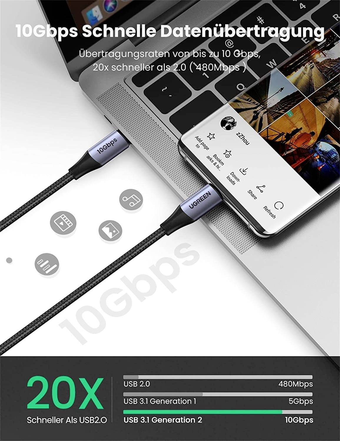 UGREEN USB-Kabel USB-C® Stecker 1 m Schwarz 80150