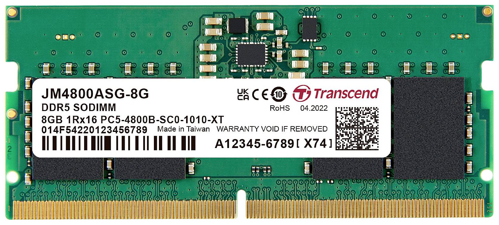 Transcend JM4800ASG-8G Laptop-Arbeitsspeicher Modul DDR5 8 GB 1 x 8 GB ECC 4800 MHz 262pin SO-DIMM CL40 JM4800ASG-8G