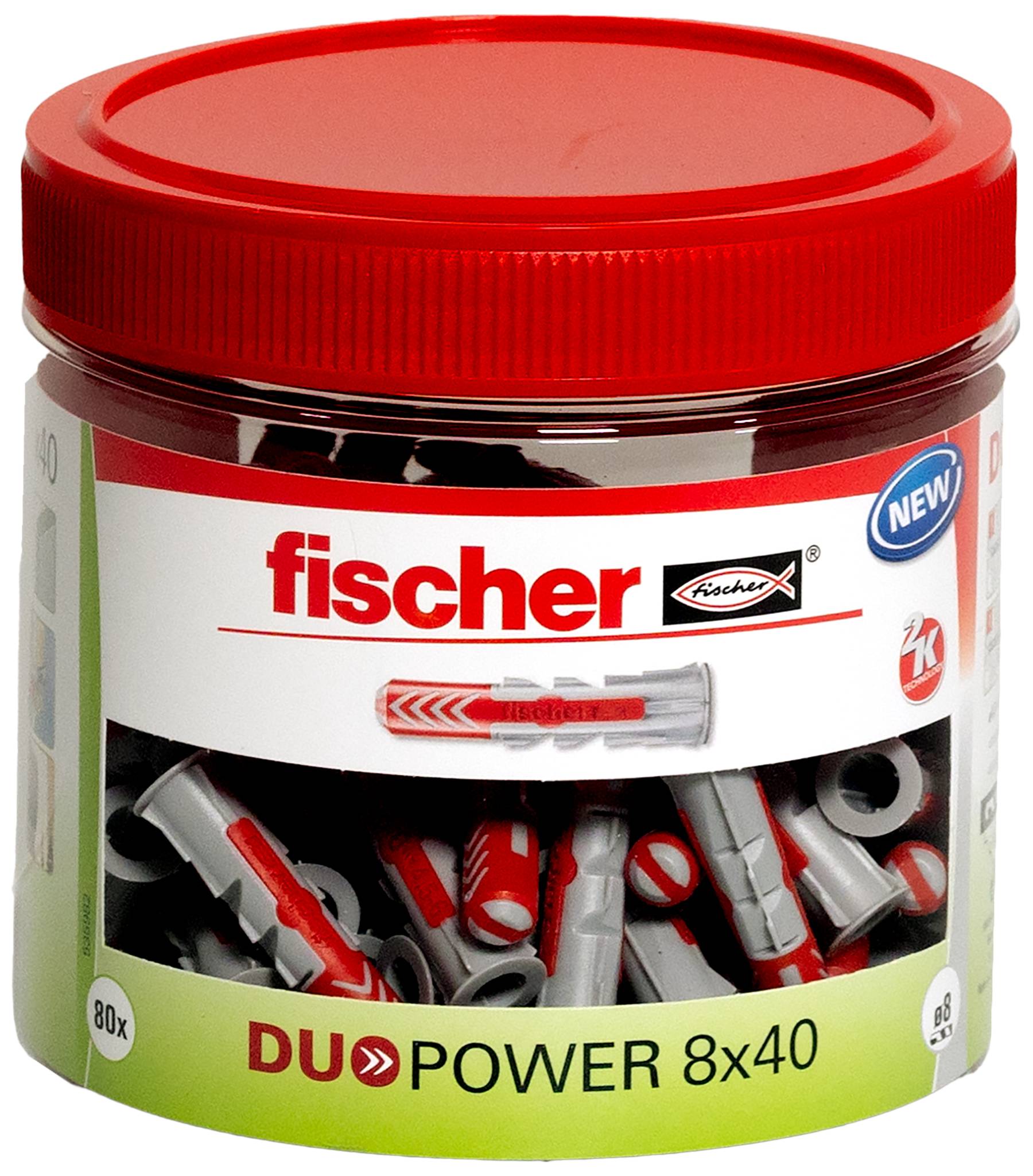 Ein Glas mit 80 Fischer-Marken-DUOPOWER-8x40-Dübeln, die für sichere Befestigung in verschiedenen Materialien verwendet werden. Das Glas hat einen roten Deckel und ein Etikett.