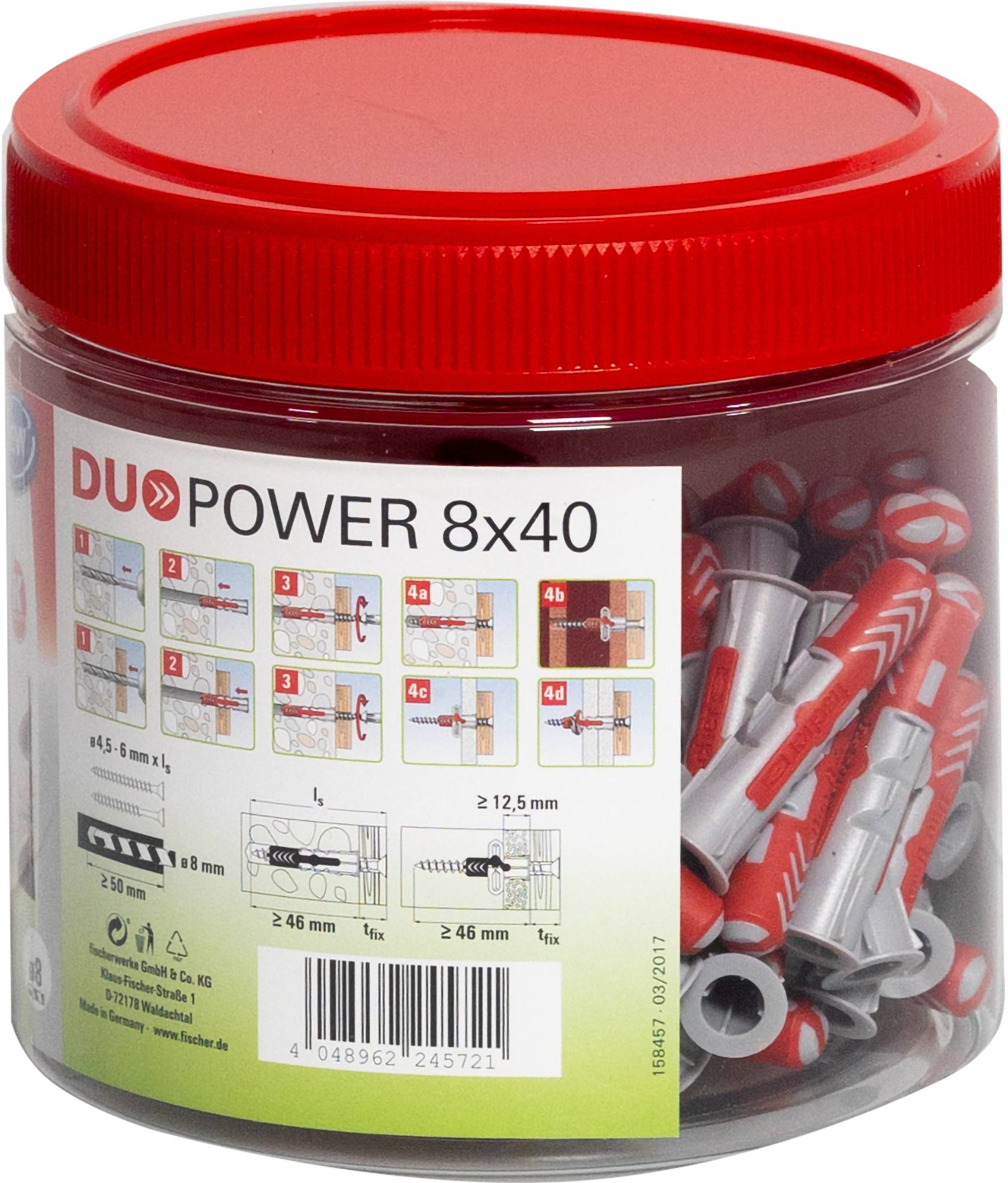 Ein Behälter mit rotem Deckel mit der Aufschrift „DUOPOWER 8x40