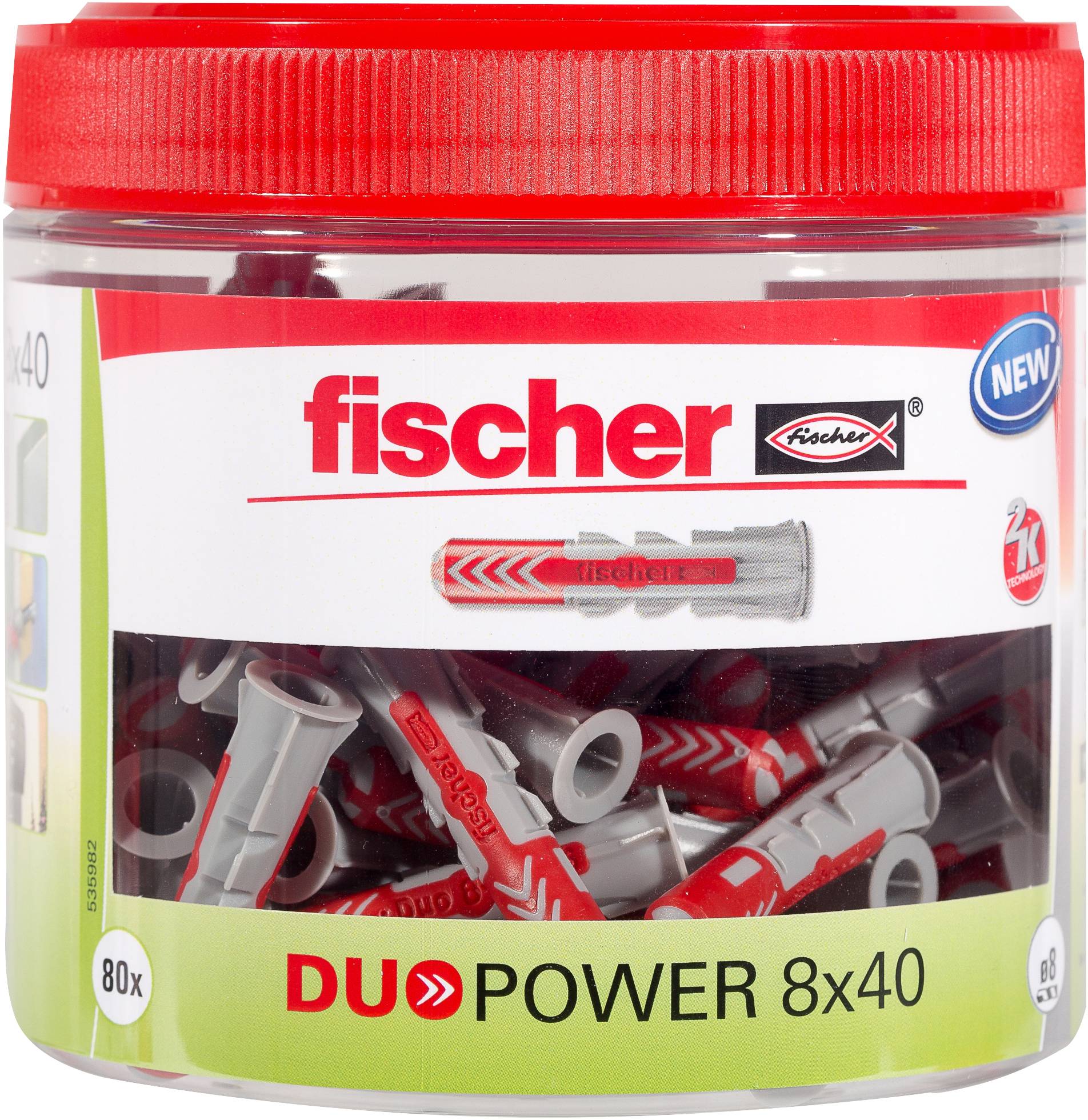 Ein Behälter mit rotem Deckel gefüllt mit Fischer DUOPOWER 8x40 Dübeln. Das Etikett zeigt „fischer DUOPOWER 8x40