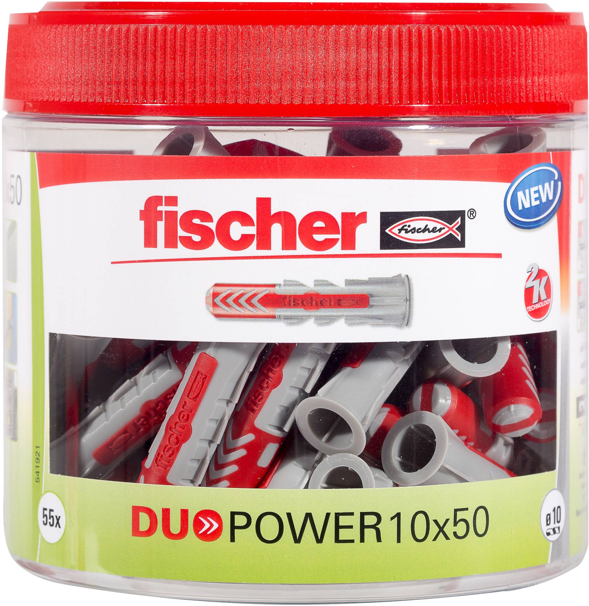 Ein Behälter mit Fischer DUOPOWER Dübeln, Größe 10x50, mit rotem Deckel und Etikett mit Gebrauchsillustrationen. Enthält 55 Stück.