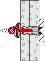 Illustration eines roten und silbernen Bohrers, der an einem Elektrowerkzeug befestigt ist, in eine metallische Oberfläche mit Bolzen eingeführt, von der Seite betrachtet.