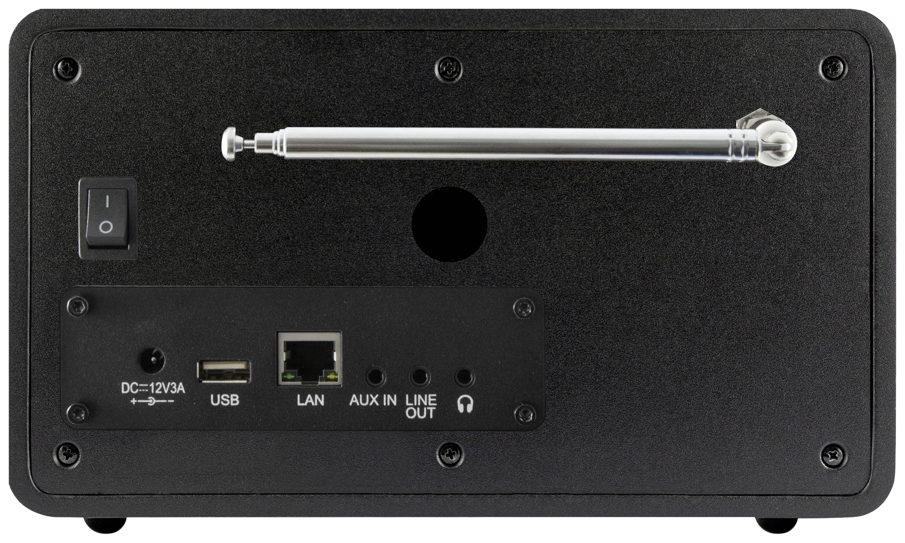 Rückseite eines elektronischen Geräts mit einem Netzschalter, USB-Anschluss, LAN-Anschluss, AUX-IN und LINE-OUT-Anschlüssen sowie einer Antenne.