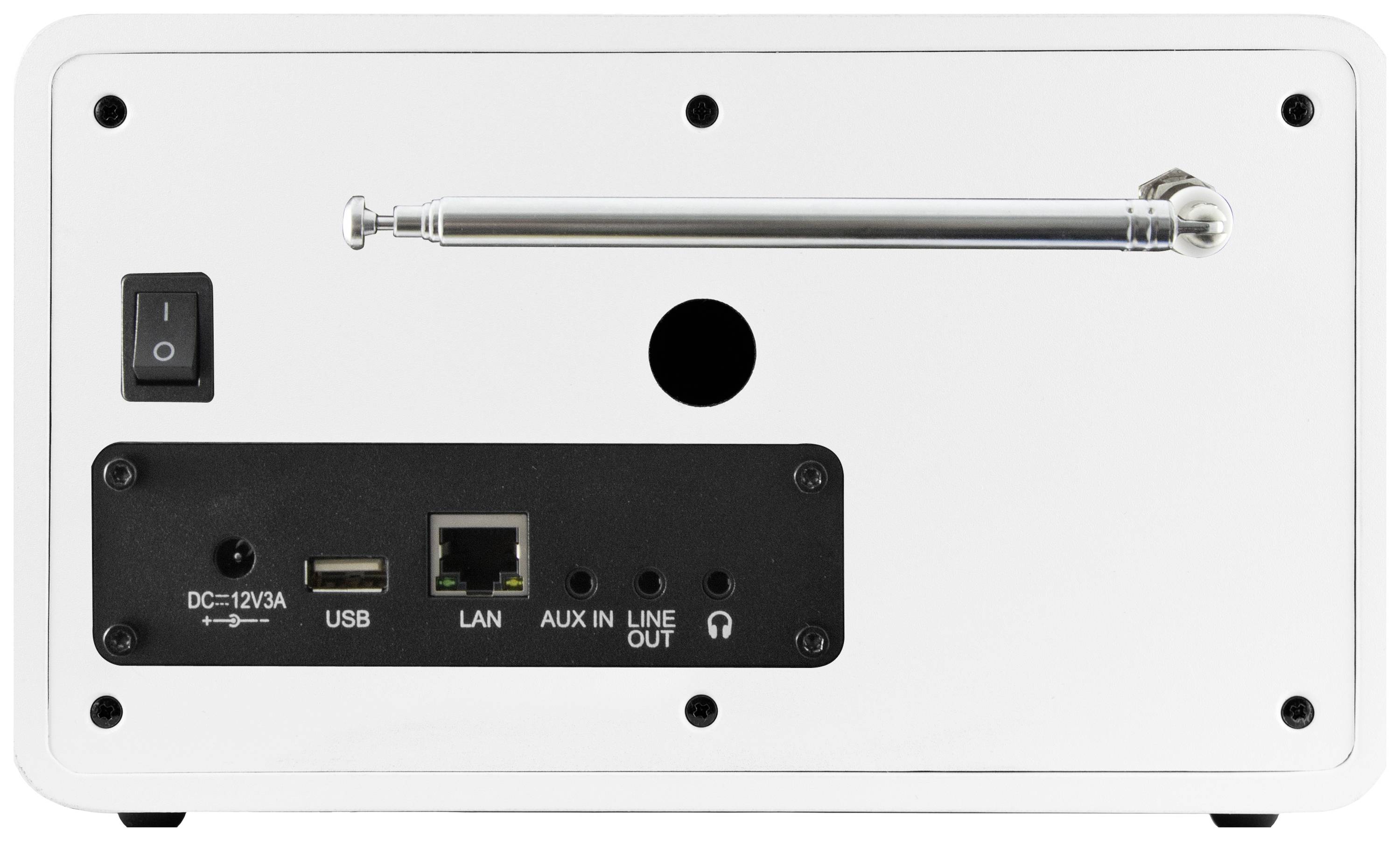 Rückseite eines weißen tragbaren Radios mit Anschlüssen: Strom, USB, LAN, AUX, Line Out. Ein-/Ausschalter und Antenne sind sichtbar.