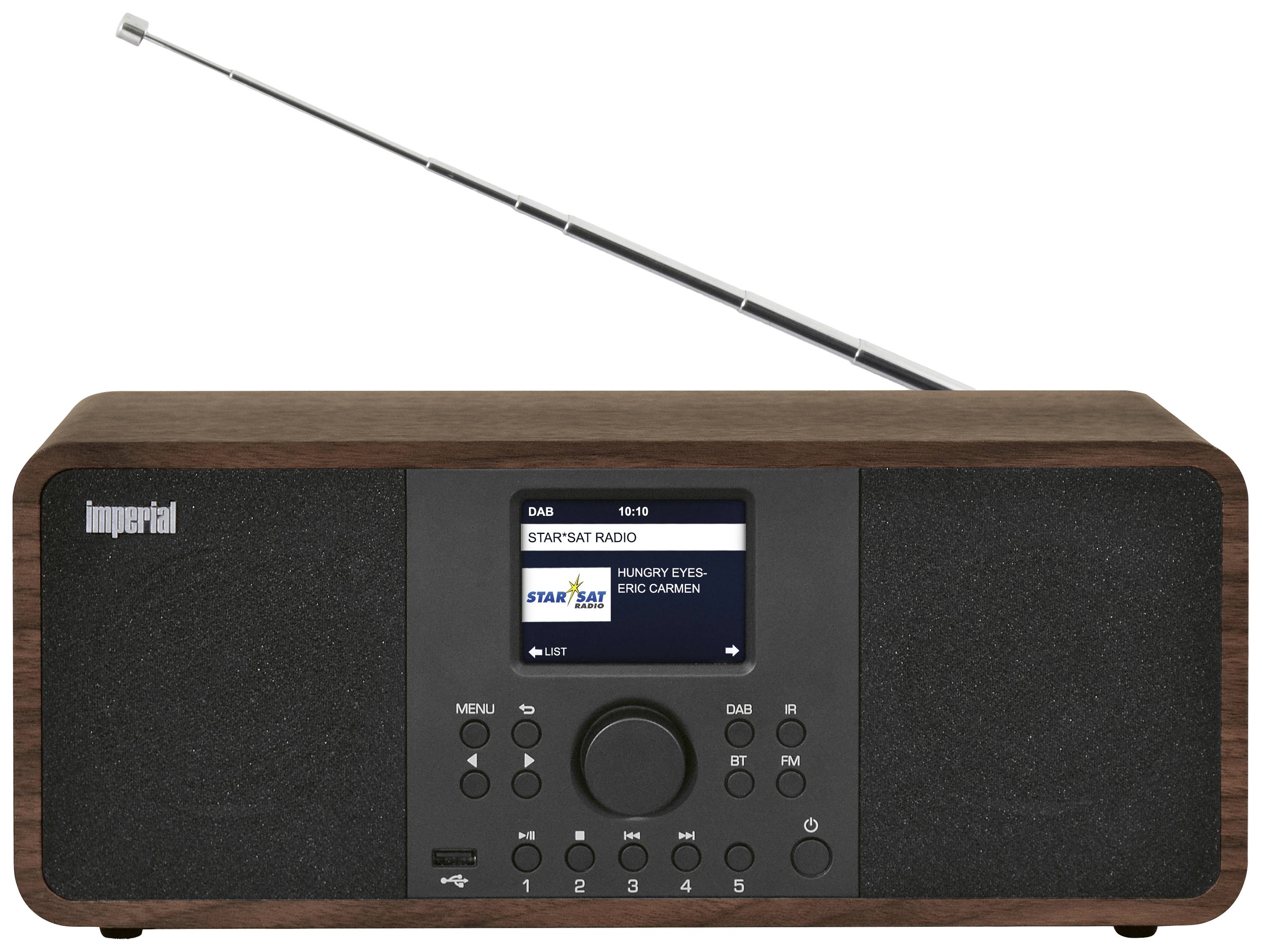 Ein Holzkofferradio mit ausziehbarer Antenne, Display und mehreren Bedienknöpfen. Zeigt 'STAR*SAT RADIO' auf dem Display an.