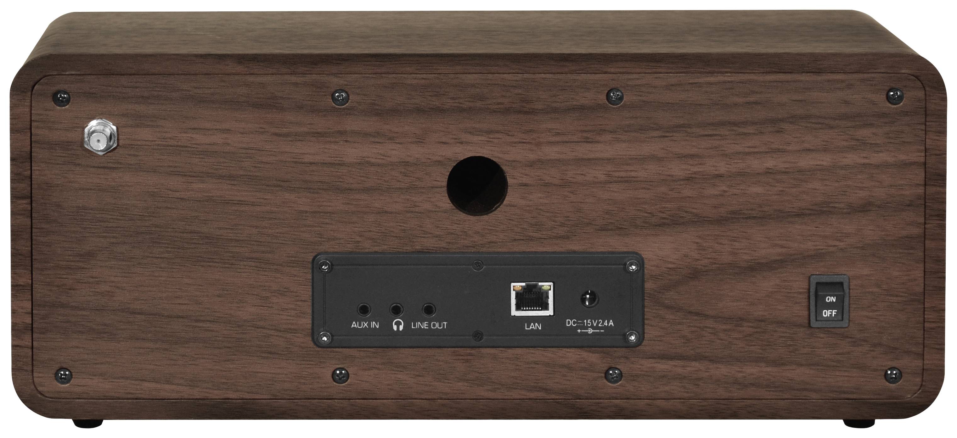 Die Rückseite eines Holzlautsprechers mit Anschlüssen: AUX IN, LINE OUT, LAN und DC IN (12V/4A). Ein/Aus-Schalter rechts.