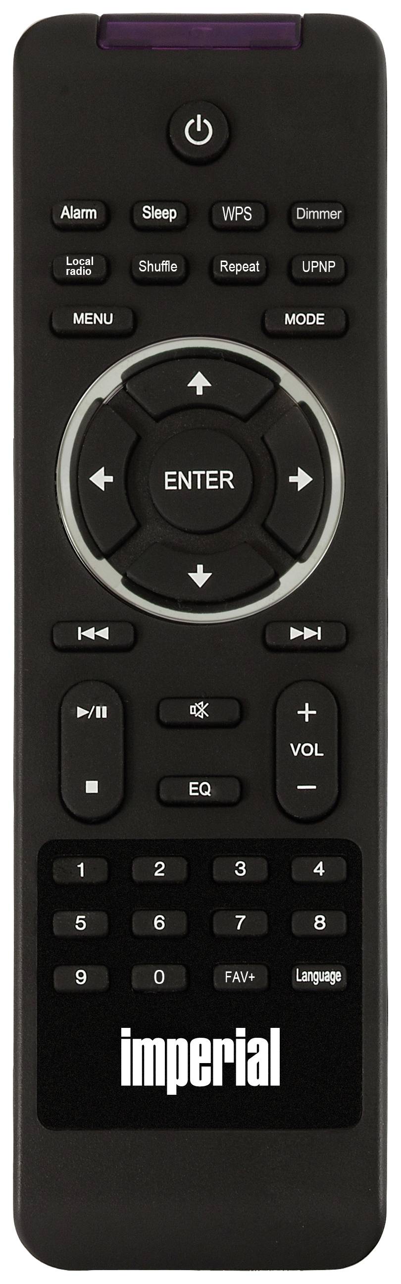 'Schwarze Fernbedienung mit Tasten für Menü, Lautstärke, EQ und numerische Eingabe. Markenzeichen 'imperial' unten.'