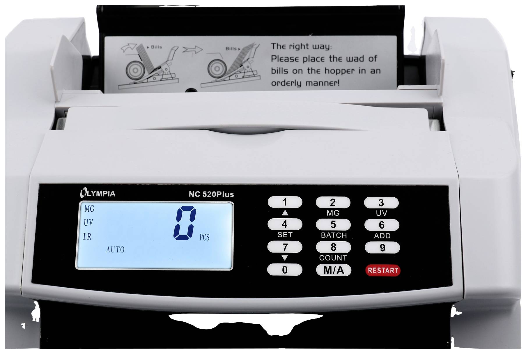 Ein Banknotenzähler der Marke Olympia, Modell NC 520Plus. Auf dem Display steht '0'. Eine Anleitung zum Einlegen von Geldscheinen ist sichtbar.