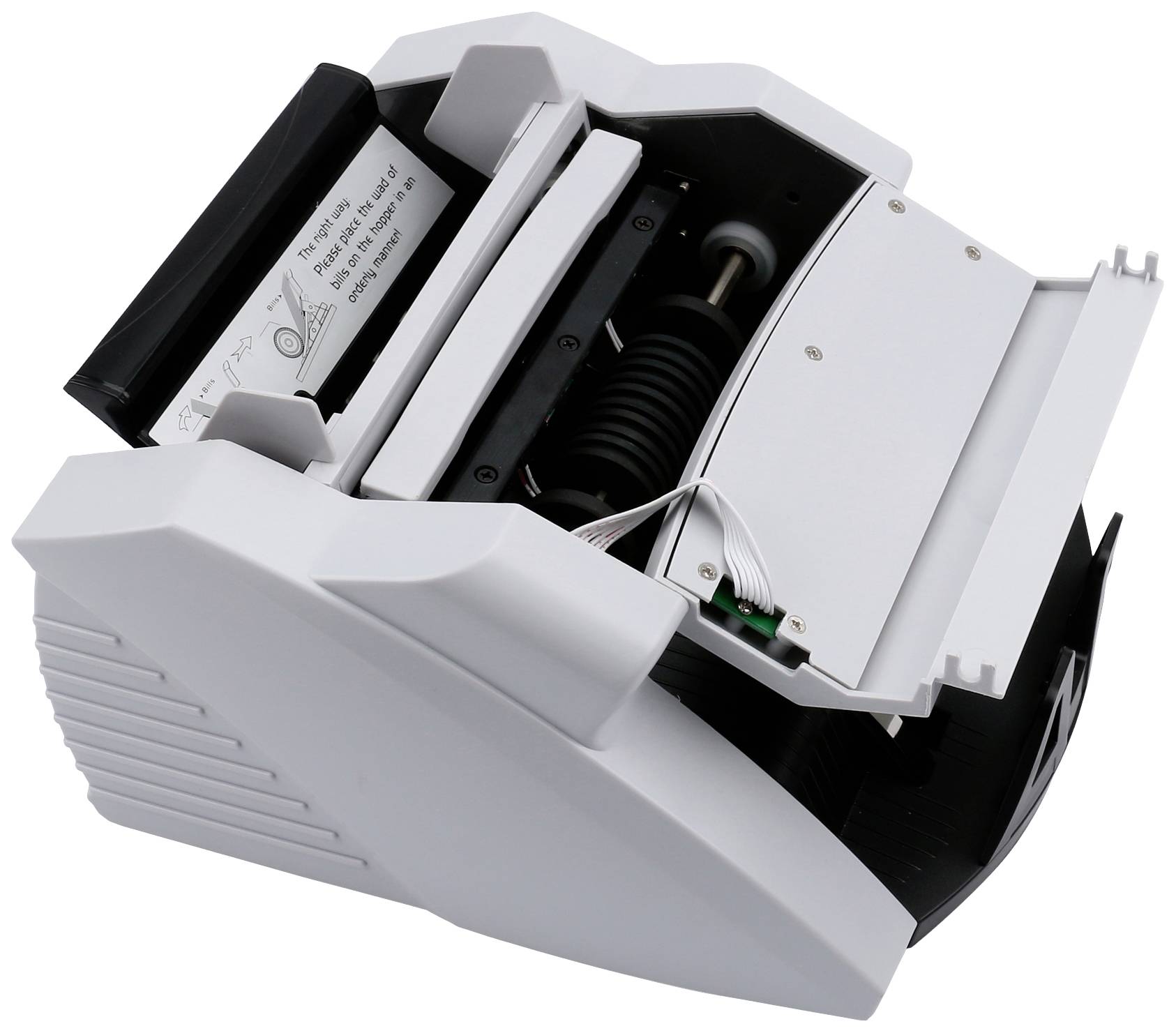 Automatische Geldzählmaschine mit geöffnetem Oberteil, zeigt die internen Mechanismen und Walzen zur Geldscheinzählung.