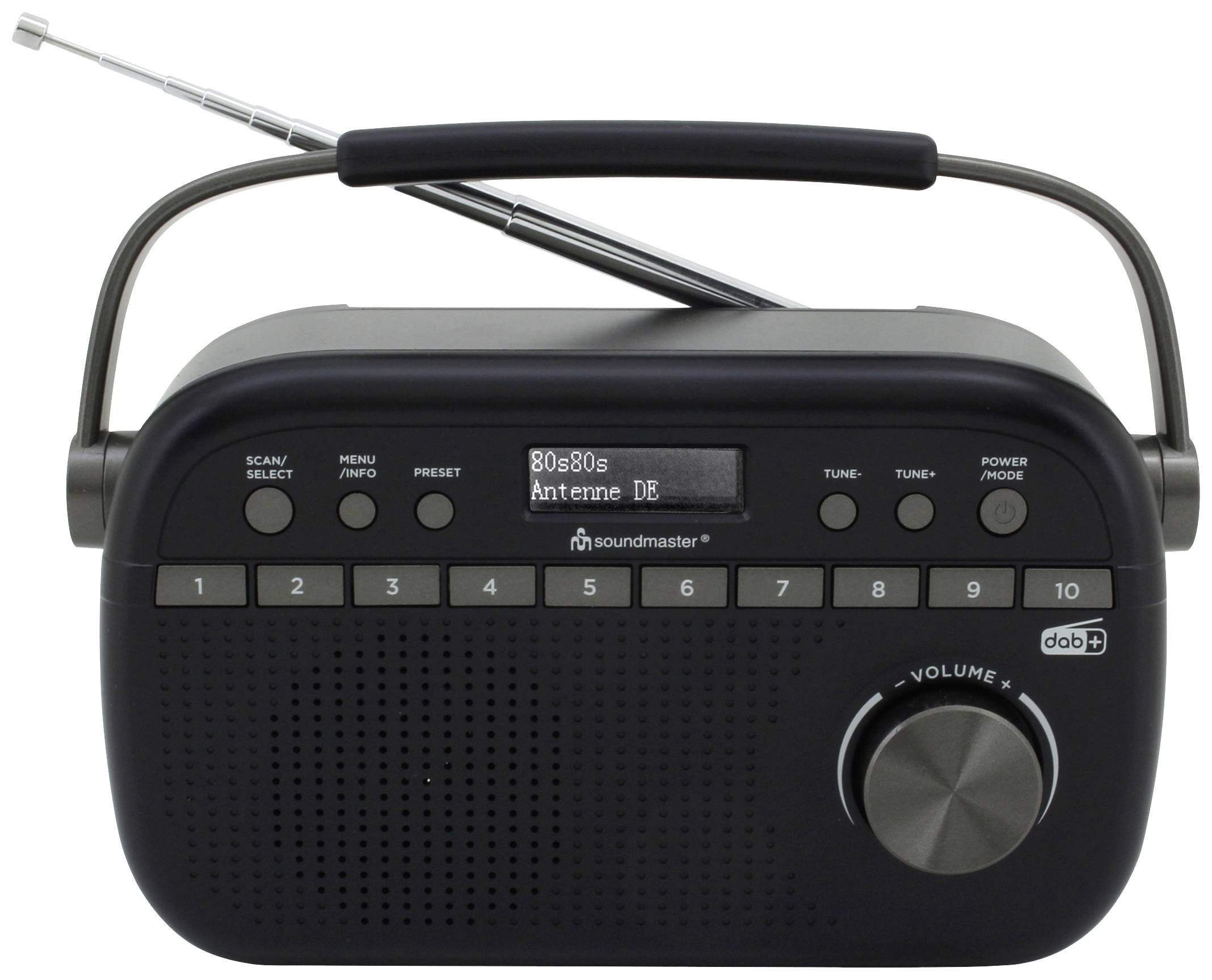 Ein tragbares, schwarz-graues Radio mit digitalen Einstellungen, Lautstärkeregler und Antenne. Display zeigt '80s80s' an.