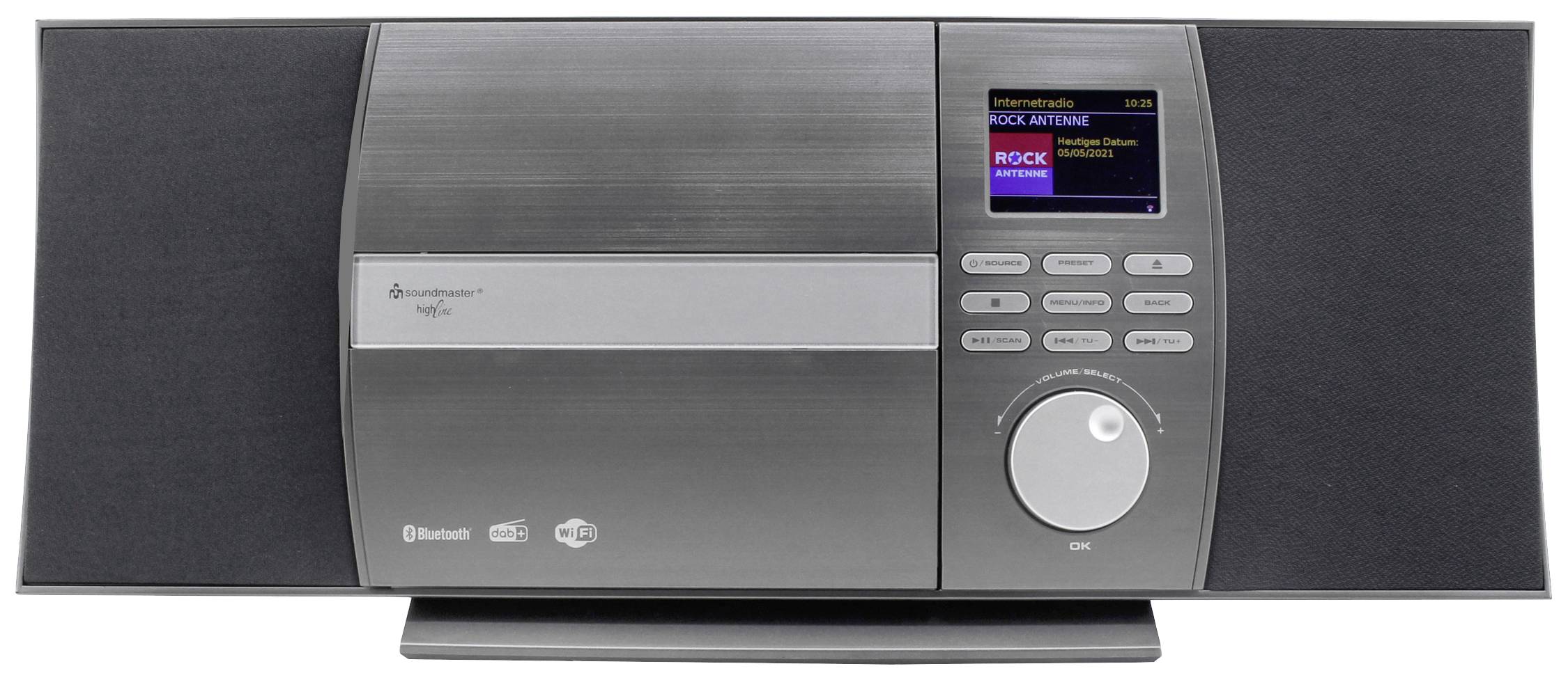 Ein modernes, rechteckiges Radio mit schwarzen Lautsprechern und einem digitalen Display, das 'Rock Antenne' anzeigt.