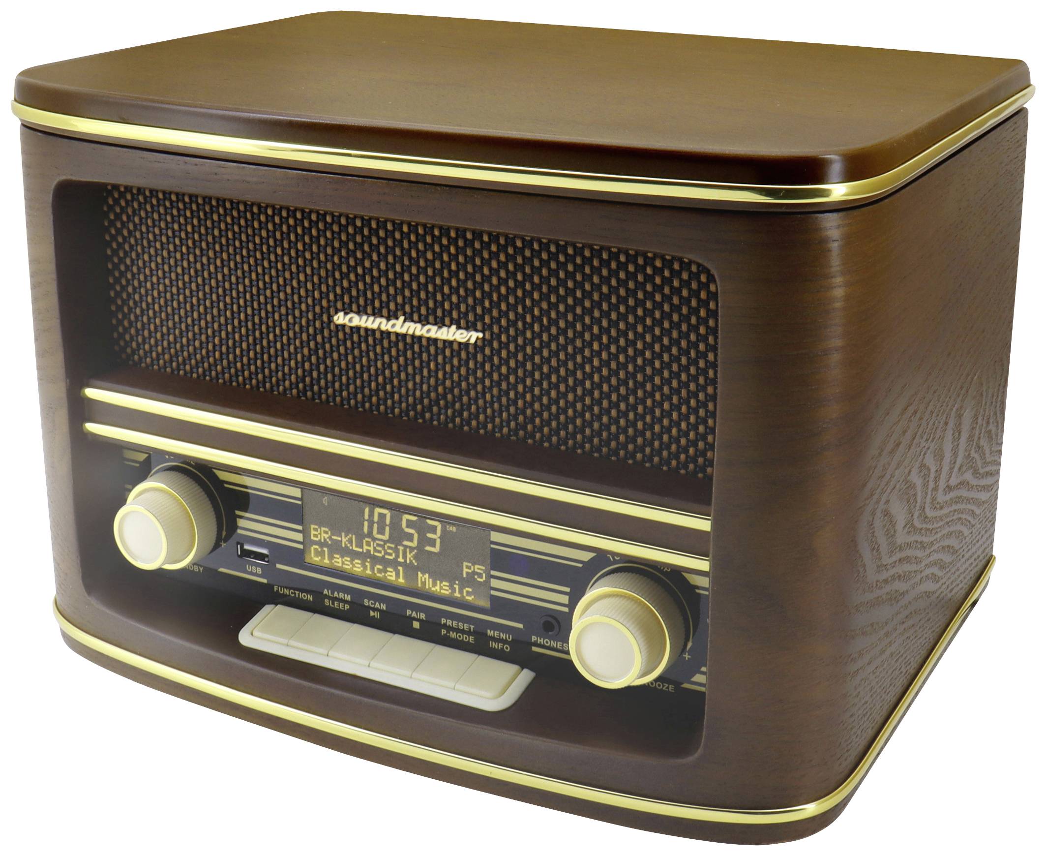 Ein Retro-Radio aus Holz mit goldenen Verzierungen zeigt die Uhrzeit 10:53 und spielt 'Classical Music'.