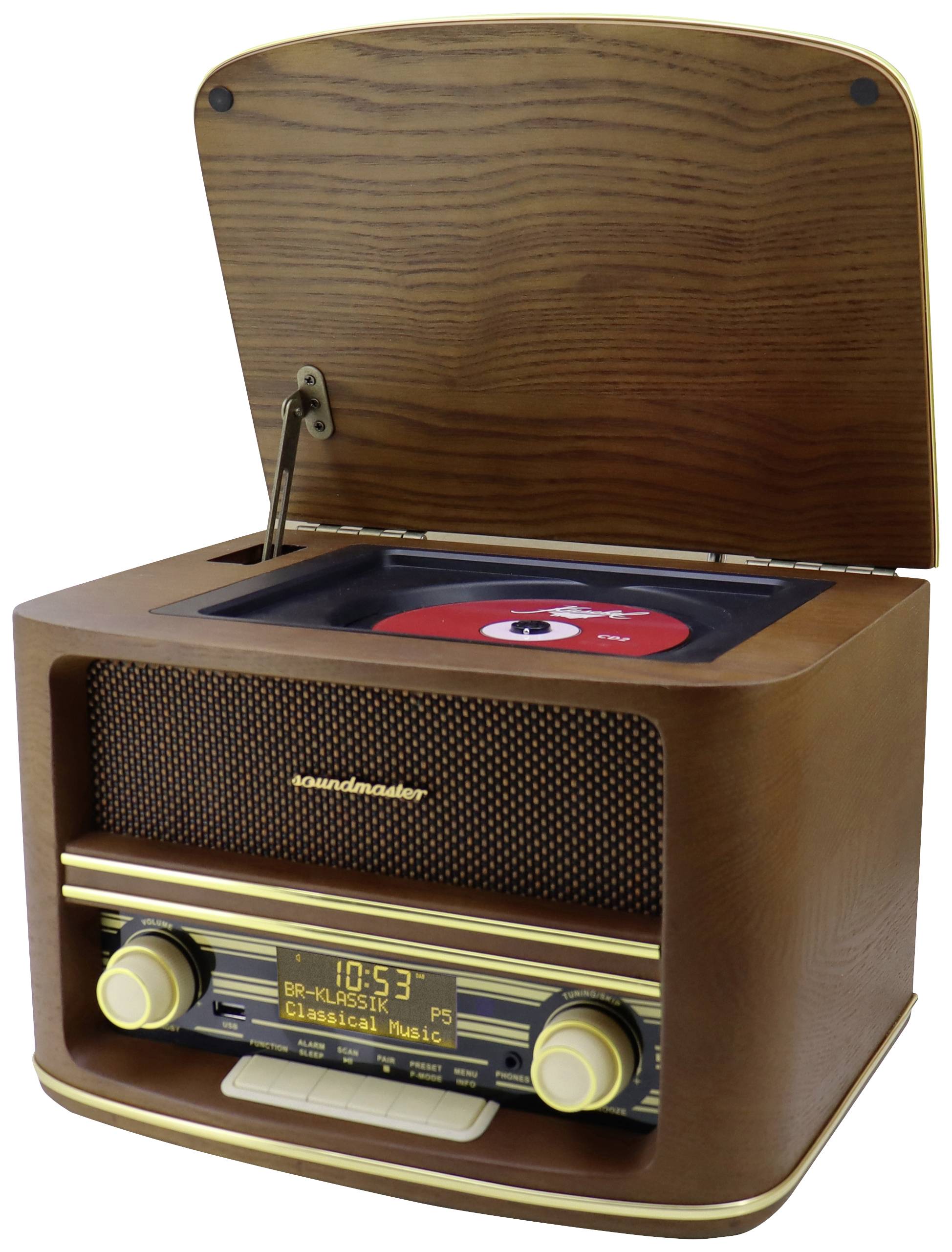 Ein Retro-Radiogerät aus Holz mit geöffnetem Deckel, der einen CD-Player und gut sichtbaren Drehknöpfen und Anzeigedisplay zeigt.