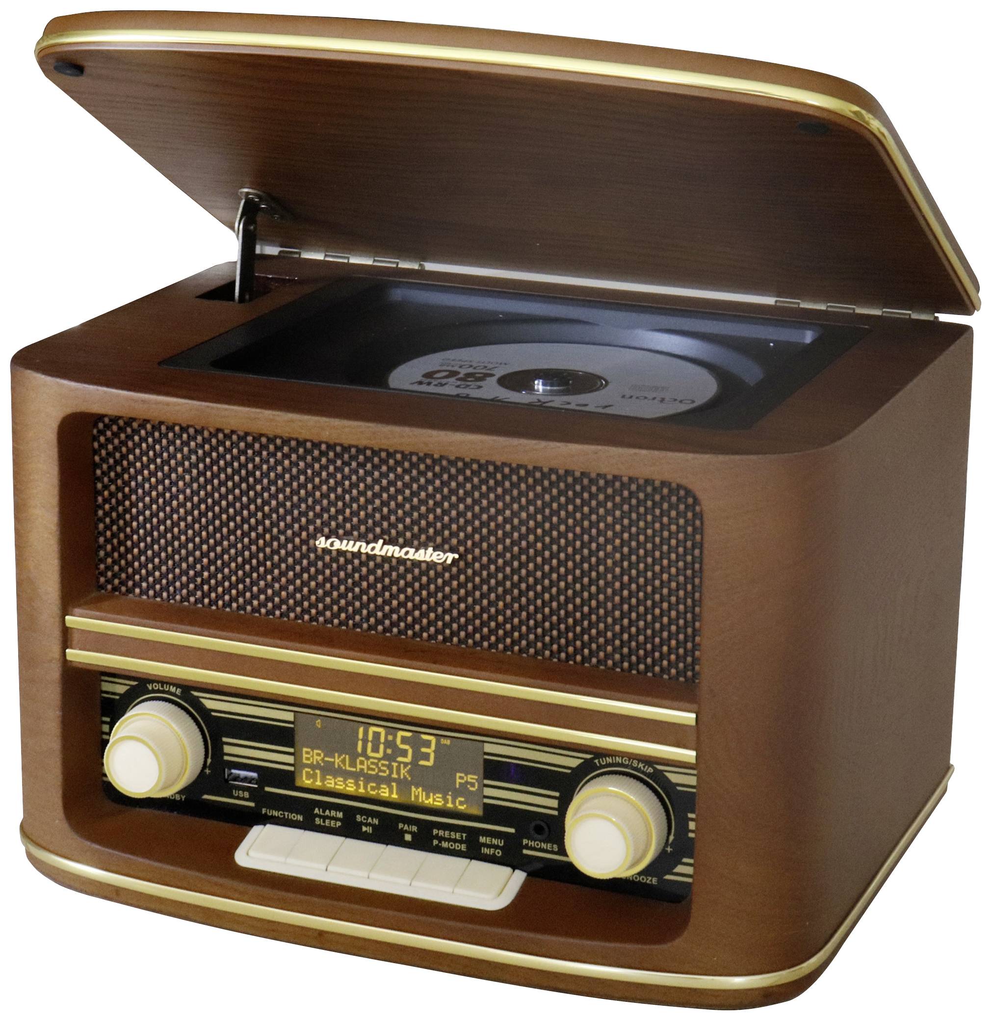 Offenes Retro-Radio mit CD-Spieler. Auf dem Display steht 'Classical Music'. Holzgehäuse mit Retrodesign, goldene Knöpfe.
