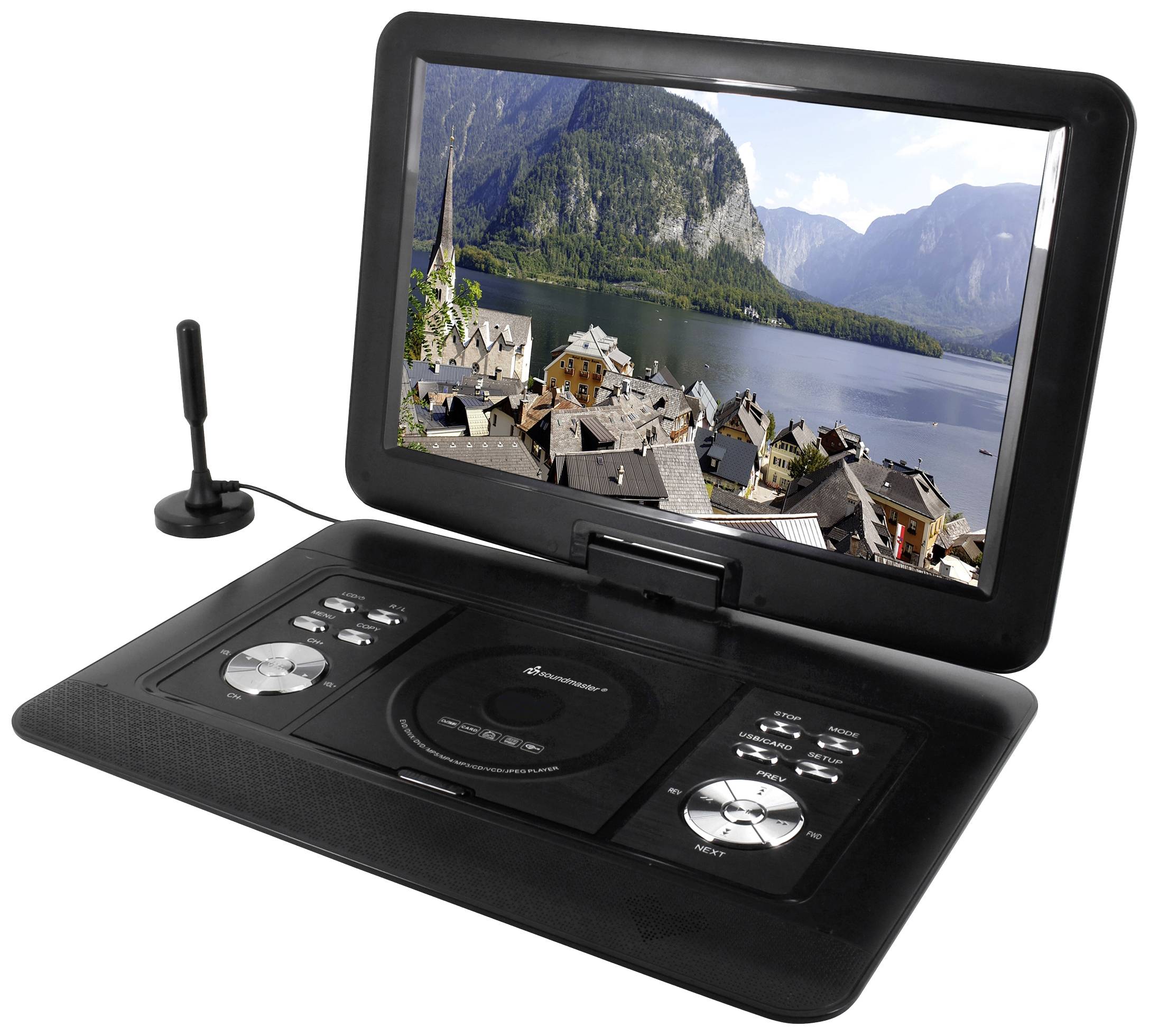 Ein tragbarer DVD-Player mit geöffnetem Display zeigt ein Berg- und Seepanorama. Links daneben steckt eine kleine Antenne.