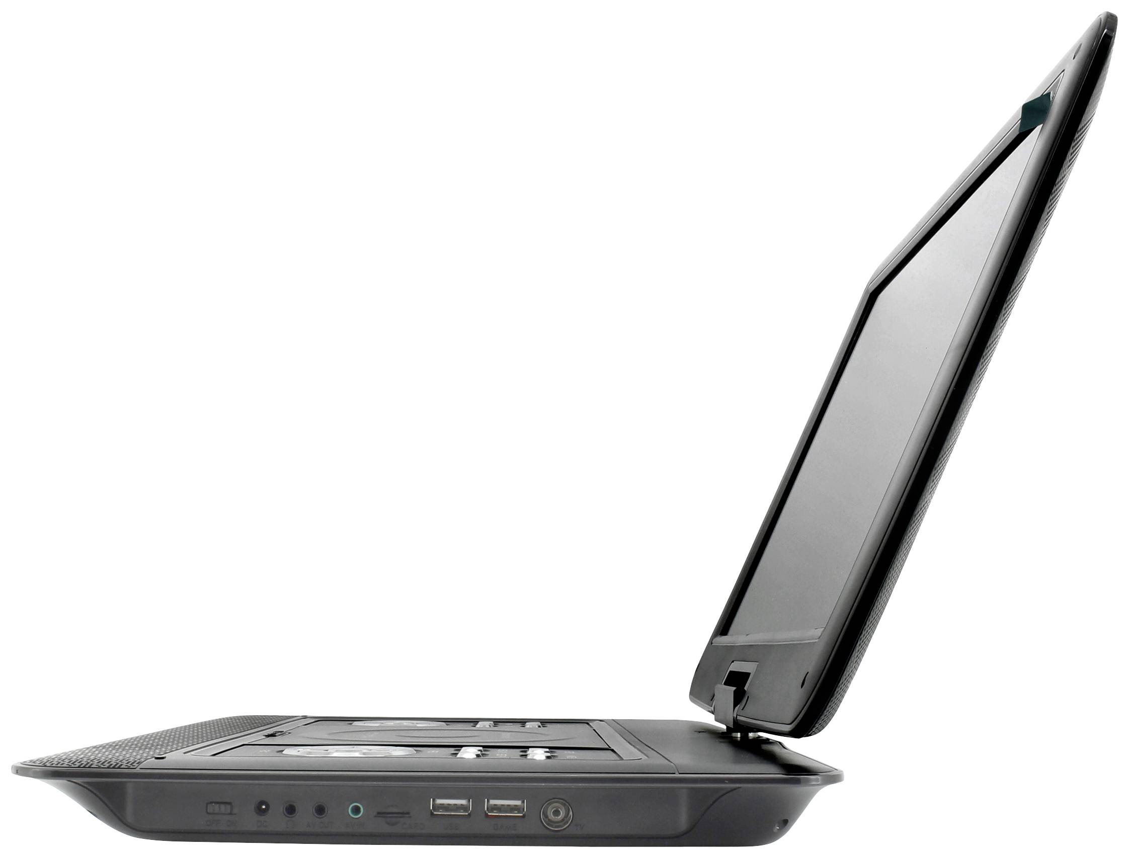 Laptop seitlich geöffnet, schwarzes Gehäuse, drei USB-Anschlüsse sichtbar.