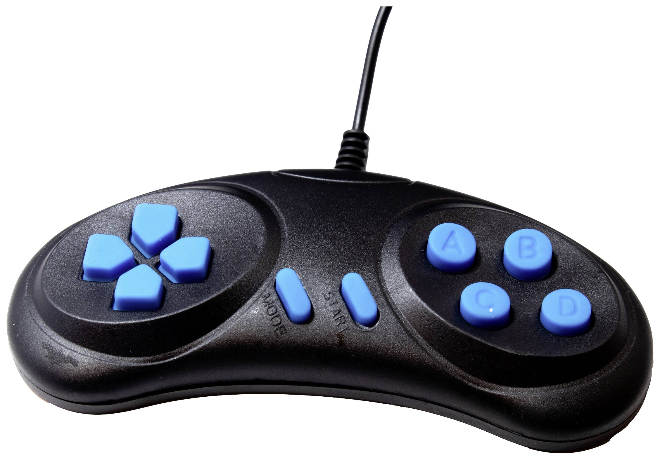 Schwarzer Spielcontroller mit blauen Knöpfen, davon vier Tasten auf der rechten Seite mit den Buchstaben A, B, C und D beschriftet.