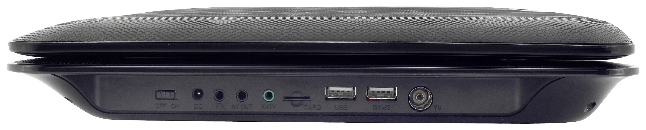 Ein Laptop, seitlich gesehen, zeigt die Anschlüsse: zwei USB-Ports, Audioeingang, Stromanschluss und Lüftungsgitter.