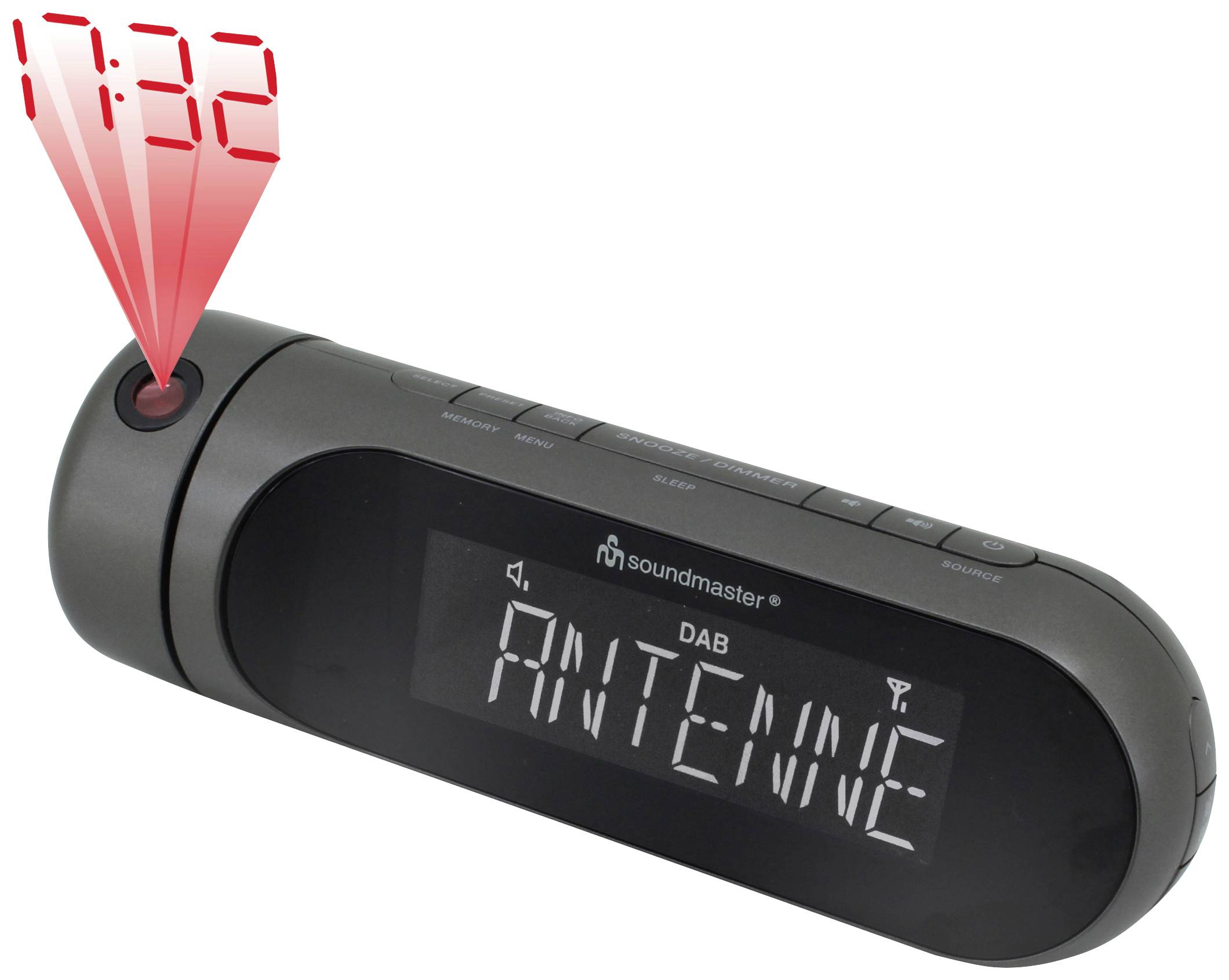 Schwarzer DAB-Radiowecker von Soundmaster mit digitaler Anzeige 'ANTENNE', zeigt Uhrzeit 17:32 in rot auf Wand oder Decke.