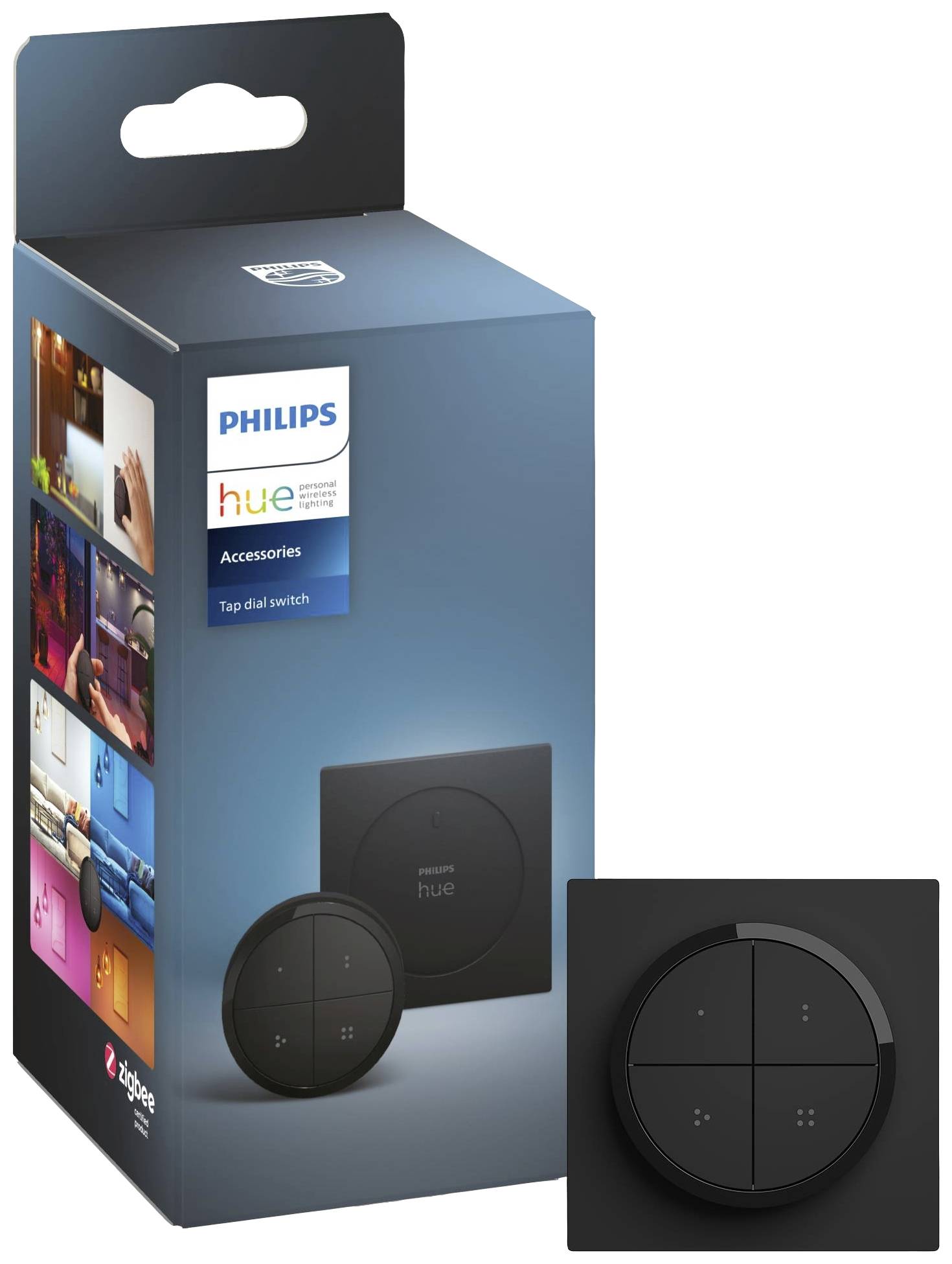 Schwarzer Philips Hue Tap Dial Switch in Verpackung, zeigt vier Tasten und ein Drehrad. Dient zur Steuerung von Smart-Lichtern.