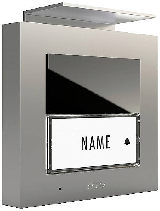 Moderner Klingelschalter mit rechteckigem Design, silbernem Gehäuse und beleuchtetem Namensschild.