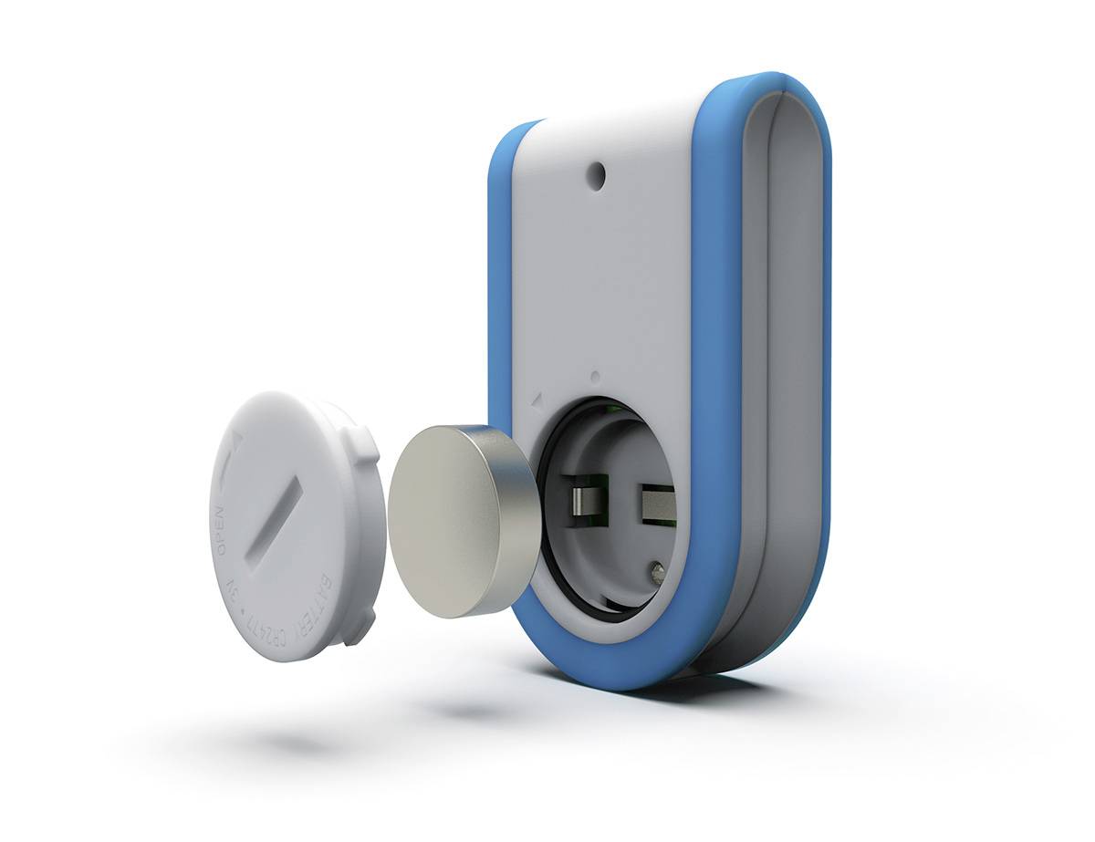 Steckdosen-Sicherheitsschutz in Blau und Weiß, mit abnehmbarem Schutzdeckel, zum Schutz von Kindern vor elektrischen Gefahren.