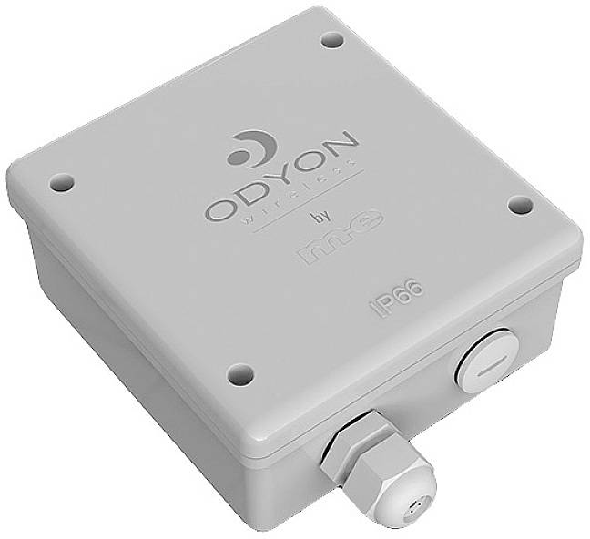 Rechteckiges, graues elektronisches Gerät mit der Aufschrift 'ODYON Wireless' und 'IP66' oben. Geeignet für Outdoor-Einsatz.