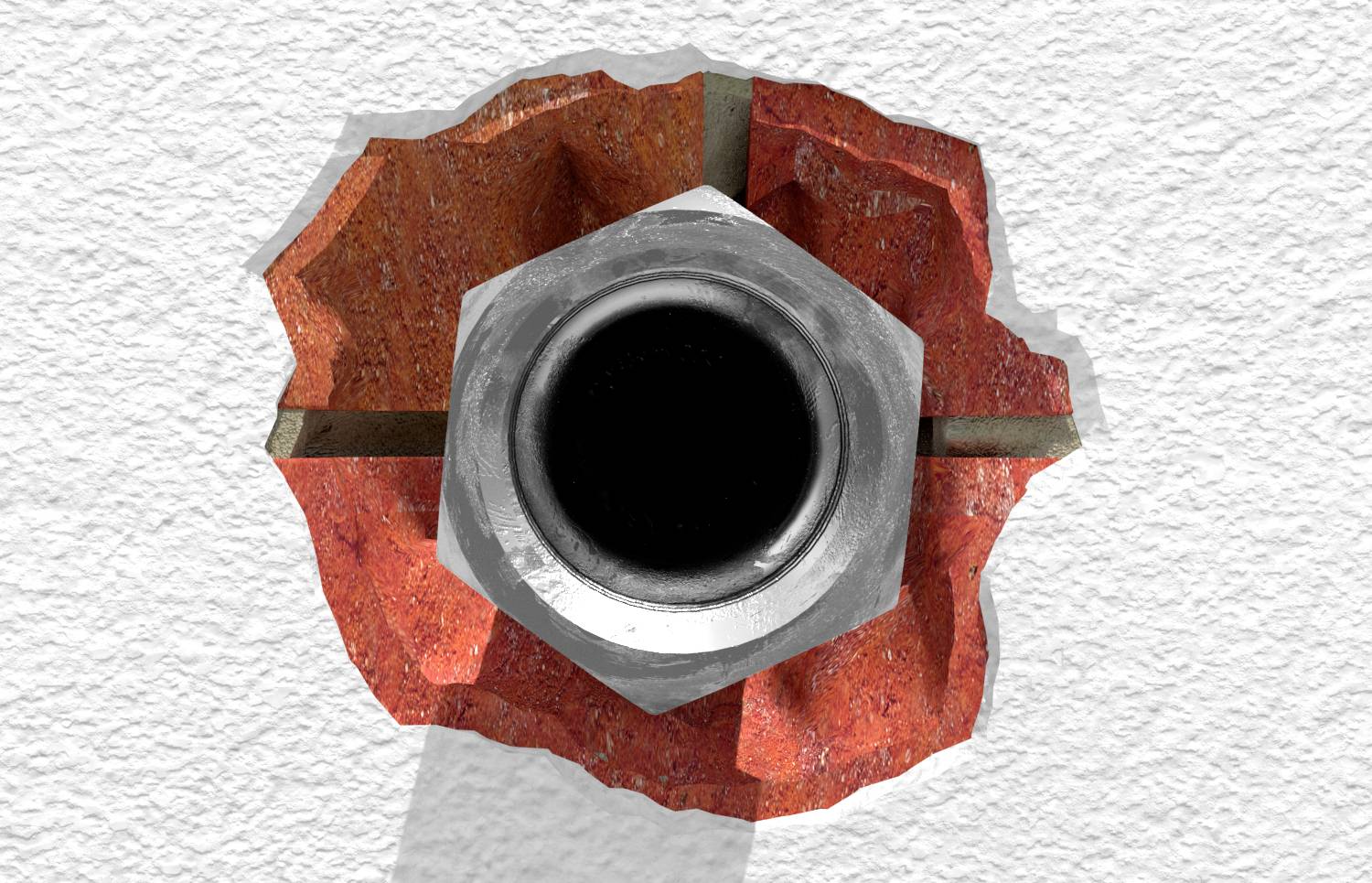 Ein großer Metallbolzen steckt in einer roten, gesprenkelten Wandöffnung. Die Szene vermittelt ein Gefühl von Robustheit und Stabilität.