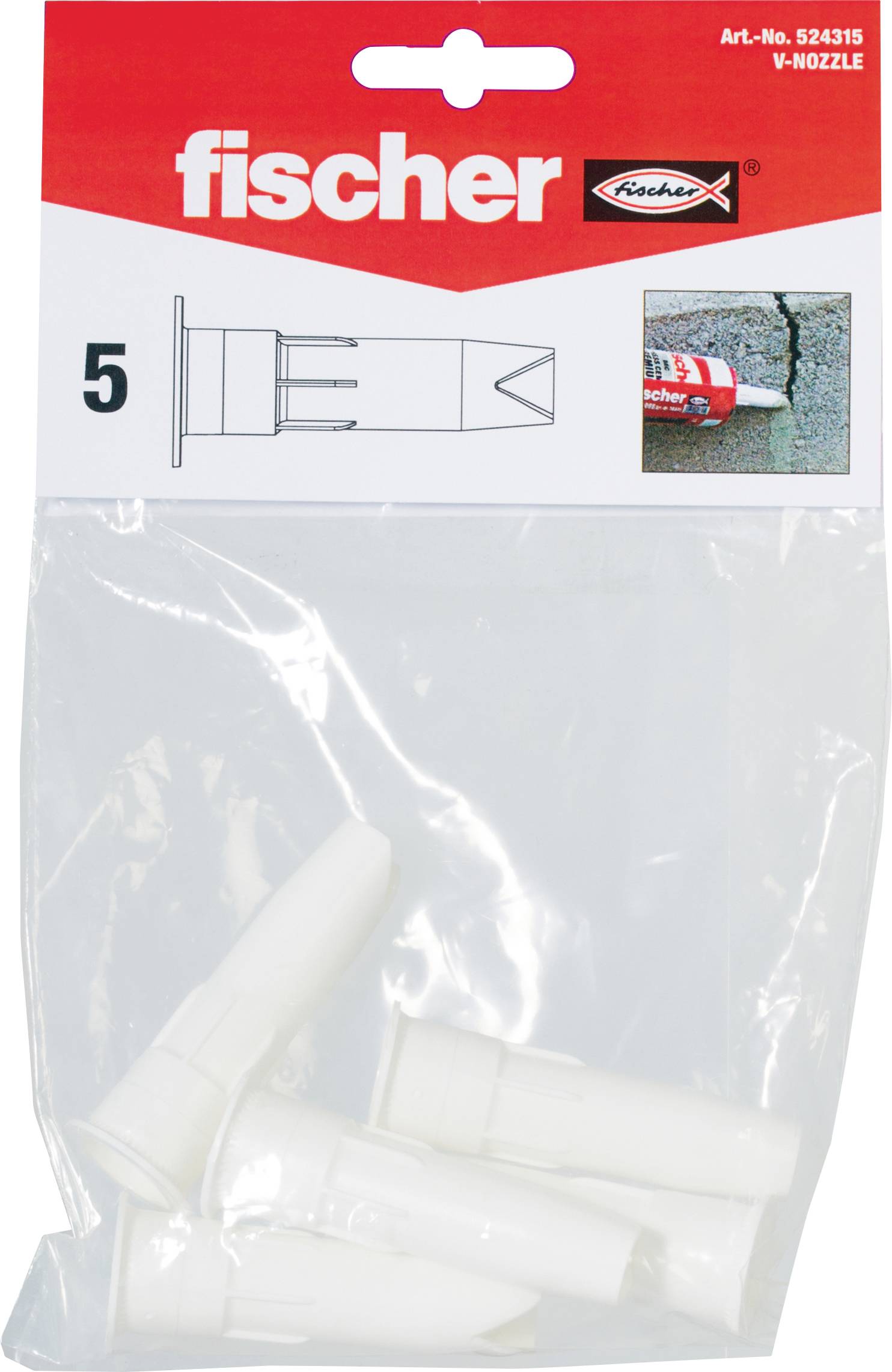 Eine Verpackung mit fünf weißen Dübeln der Marke Fischer, abgebildet mit Anwendungsbeispiel in Betonwand.