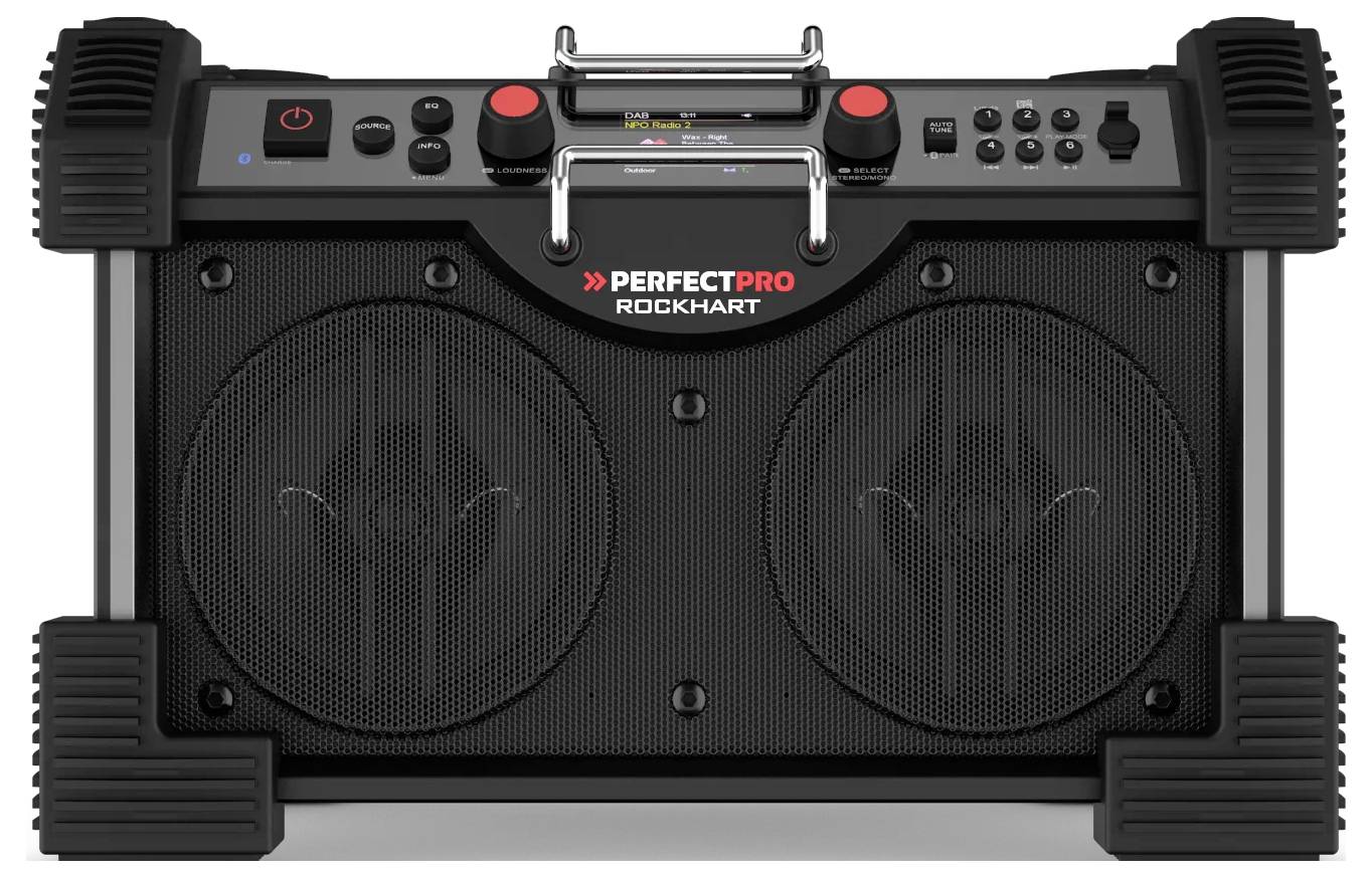 PerfectPro RockHart Baustellenradio DAB+, UKW AUX, Bluetooth®, NFC, USB spritzwassergeschützt, staubdicht, stoßfest