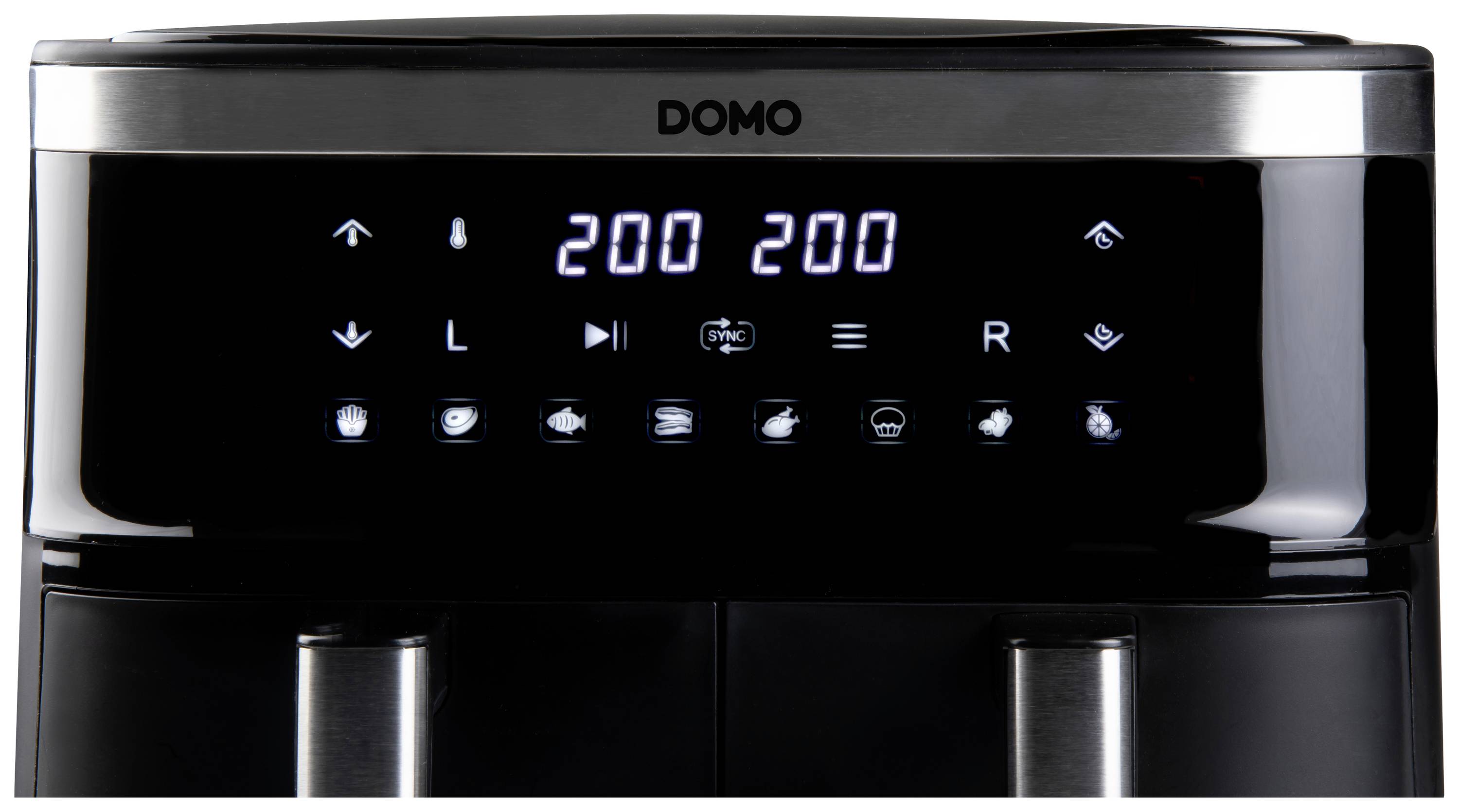 Schwarzes Bedienfeld eines Küchengeräts mit digitaler Anzeige '200 200' und Symboltasten für verschiedene Funktionen darunter.