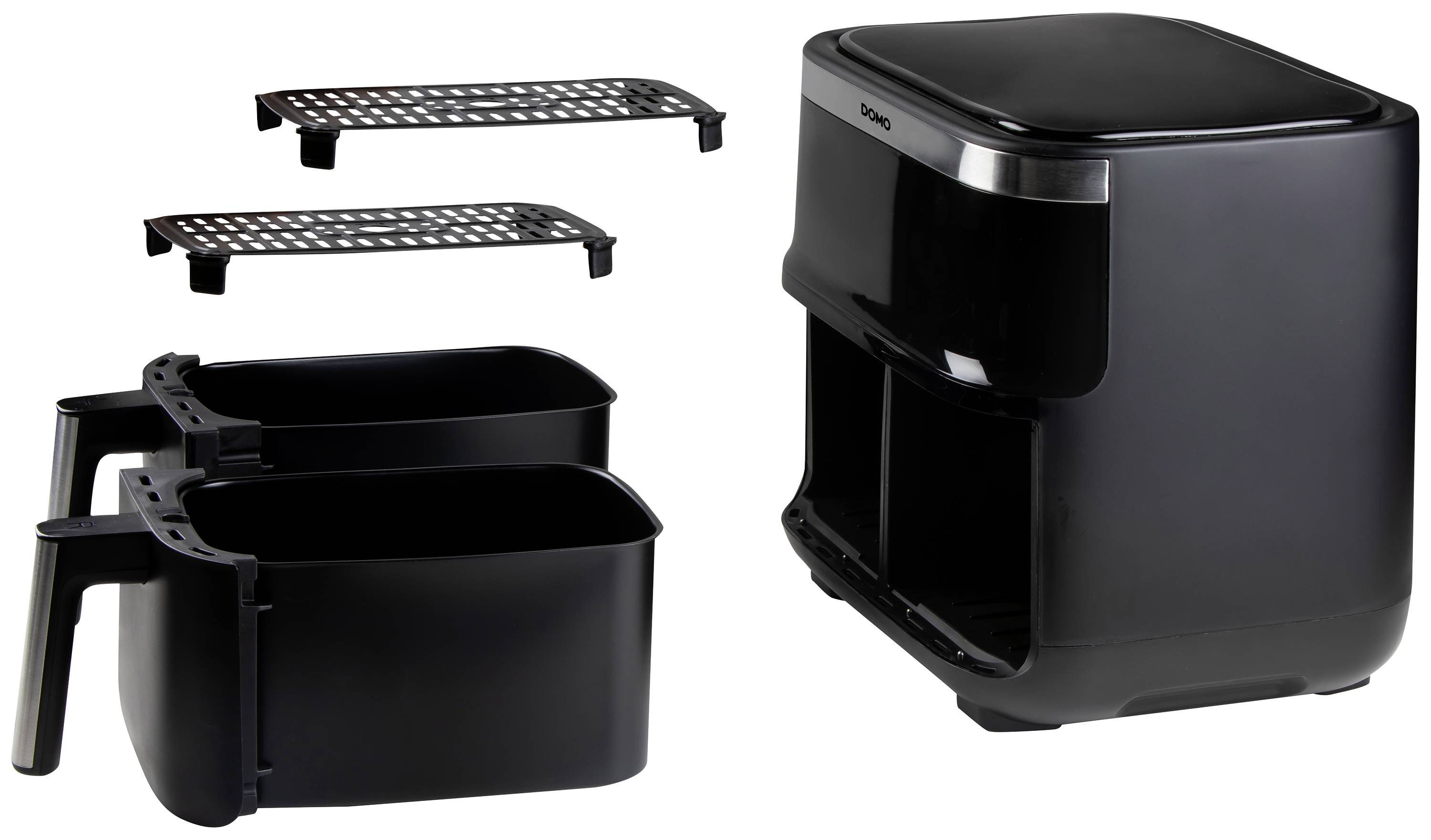 Schwarze, zweifache Heißluftfritteuse mit zwei Garkörben und zwei Gittereinsätzen. Entworfen für gleichzeitiges Kochen verschiedener Speisen.