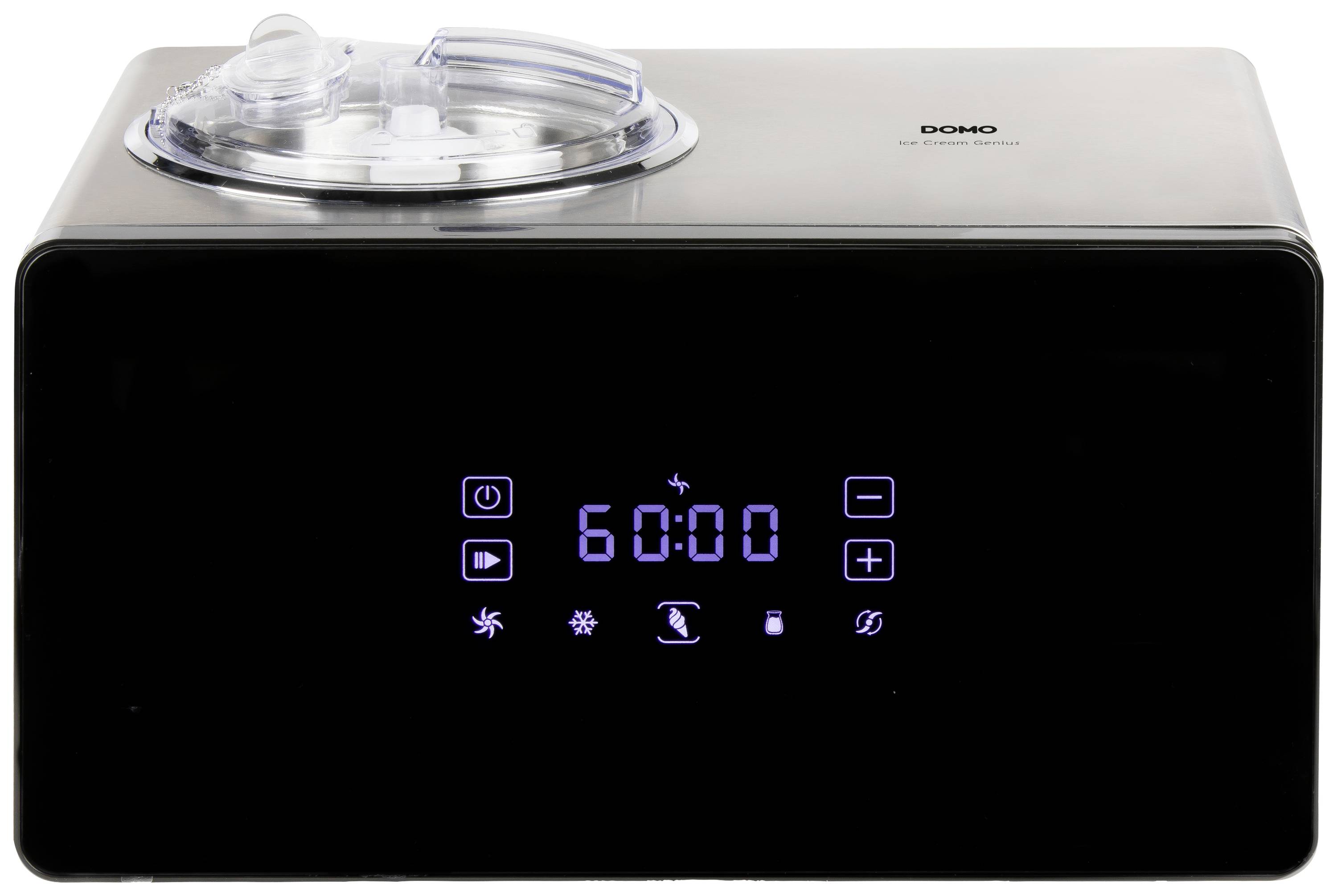 Schwarze Eismaschine mit digitalem Display, das '60:00' zeigt. Enthält Symbole für Timer, Lüfter und Kühlung.