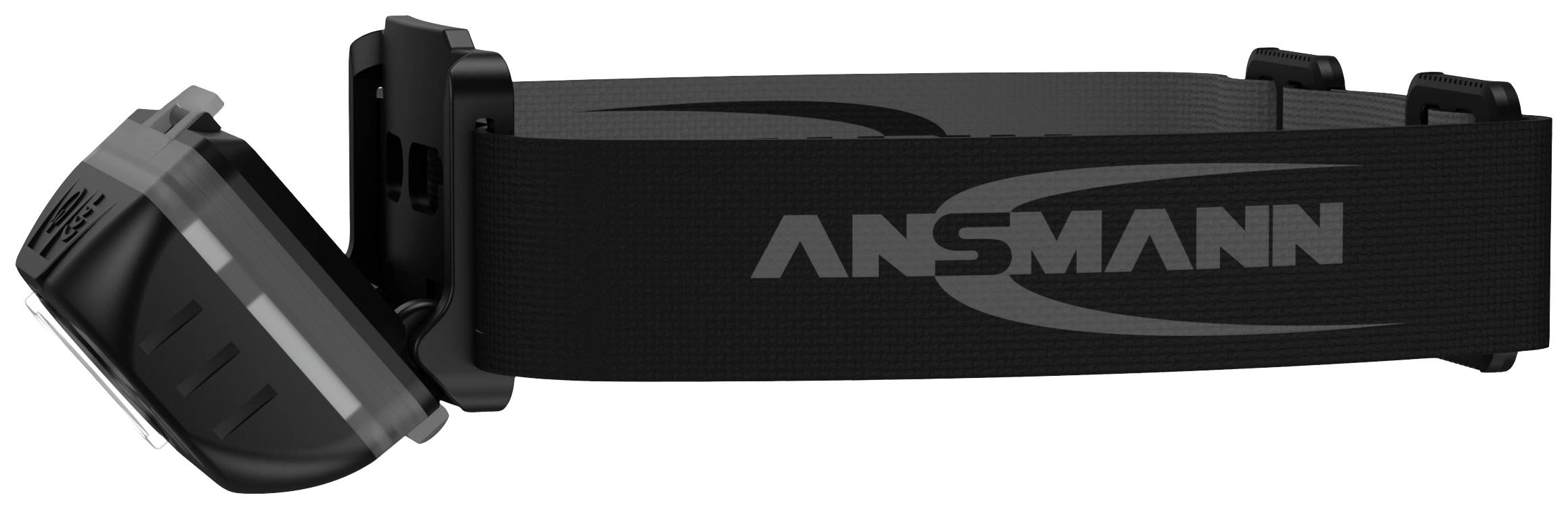 Schwarze Stirnlampe mit verstellbarem Kopfband, seitlich gesehen. Aufdruck: ANSMANN.