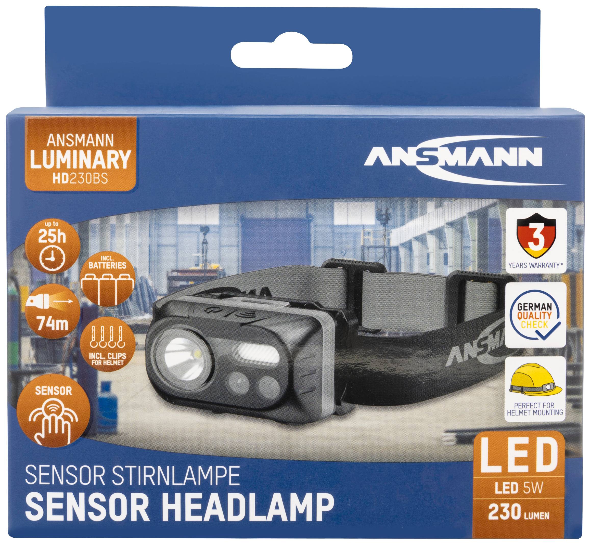 Sensor Stirnlampe, LED 5W, 230 Lumen, Ansmann Luminary HD230BS, Betriebsdauer 25h, Leuchtweite 74m, 3 Jahre Garantie, Qualität Made in Germany.
