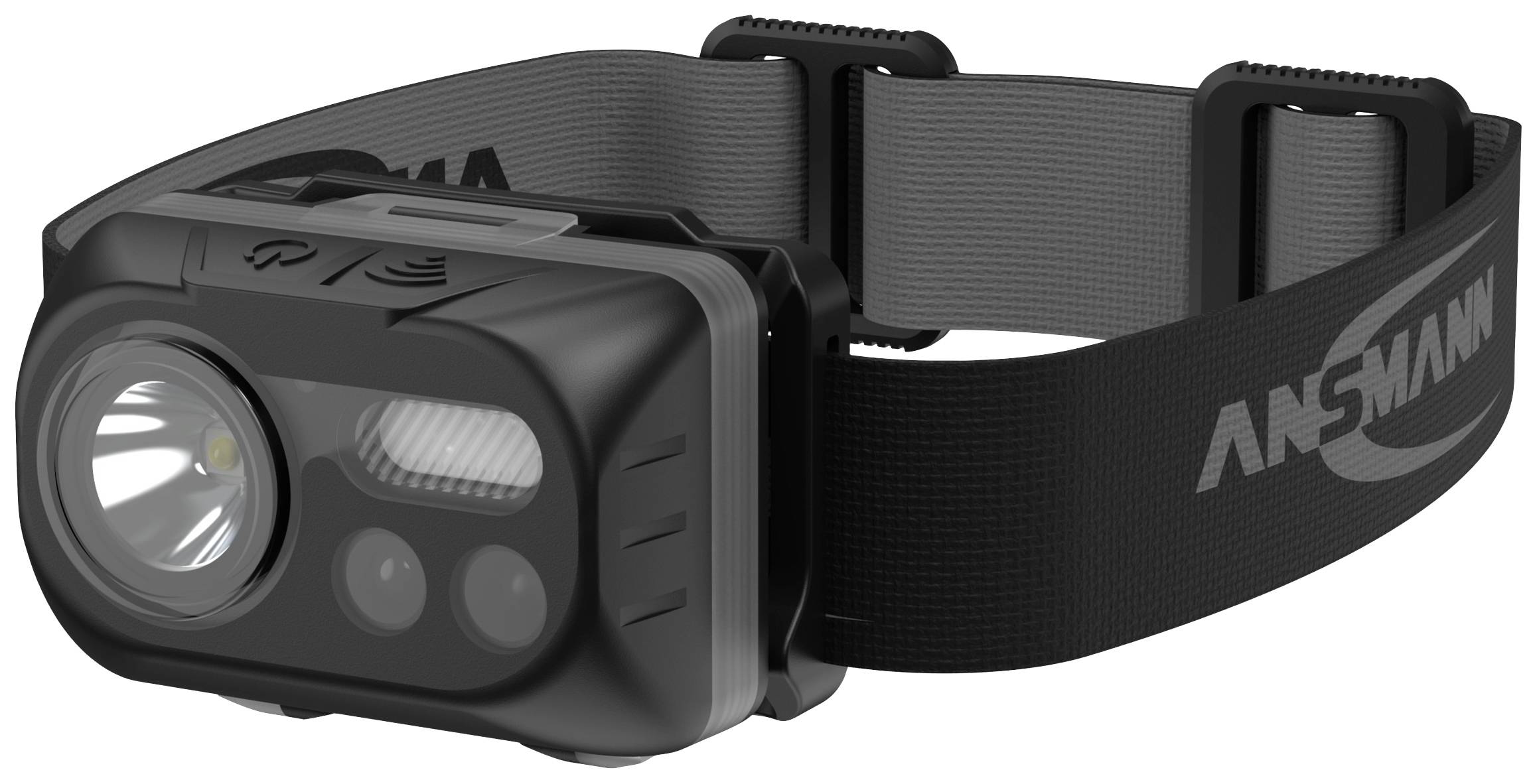 Schwarze Stirnlampe mit einstellbarem Band, mehreren LED-Leuchten, geeignet für Outdoor-Aktivitäten oder Arbeiten bei Dunkelheit.