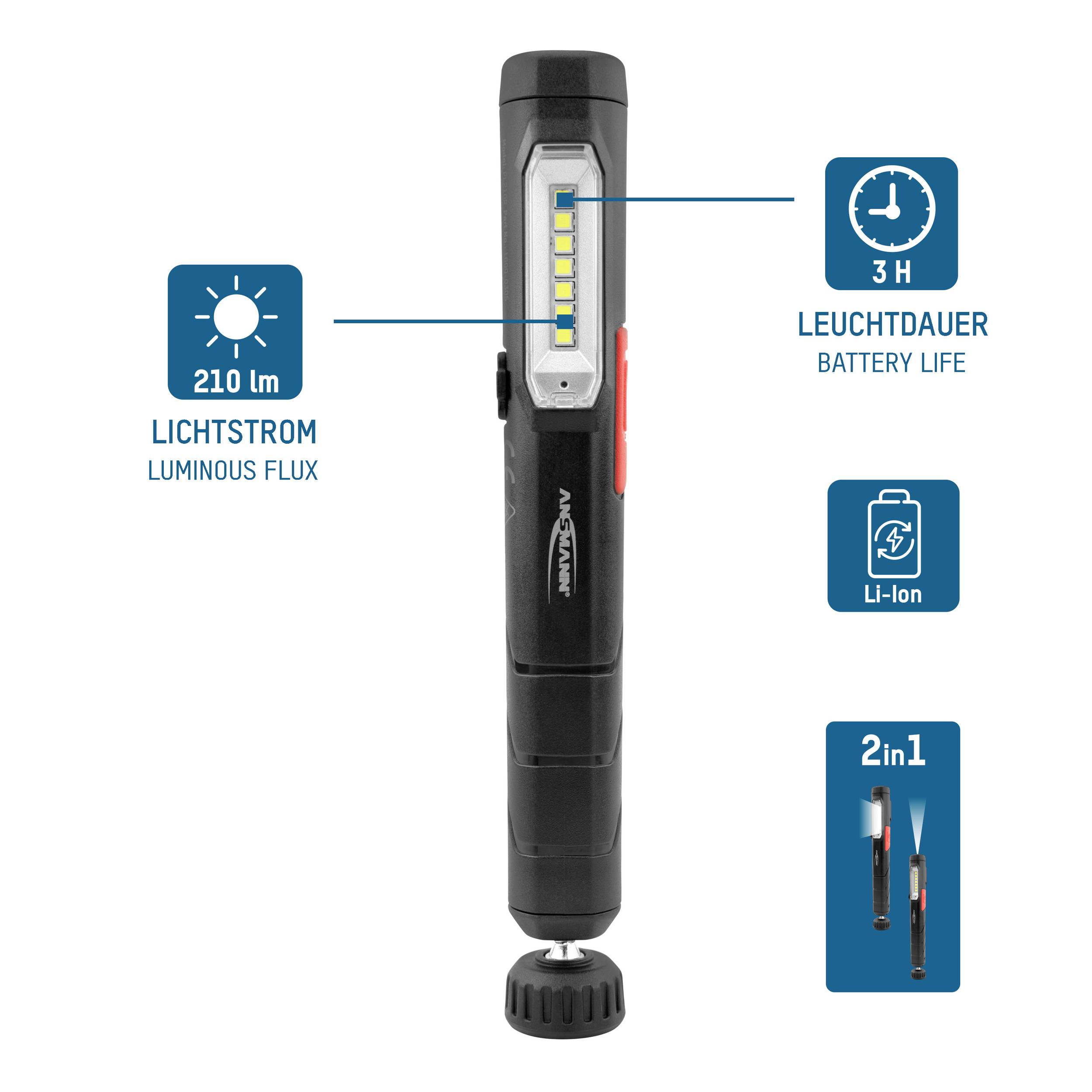 Schwarze LED-Lampe mit 210 Lumen Lichtstrom, 3 Stunden Leuchtdauer, Li-Ionen-Batterie und 2in1-Funktion.