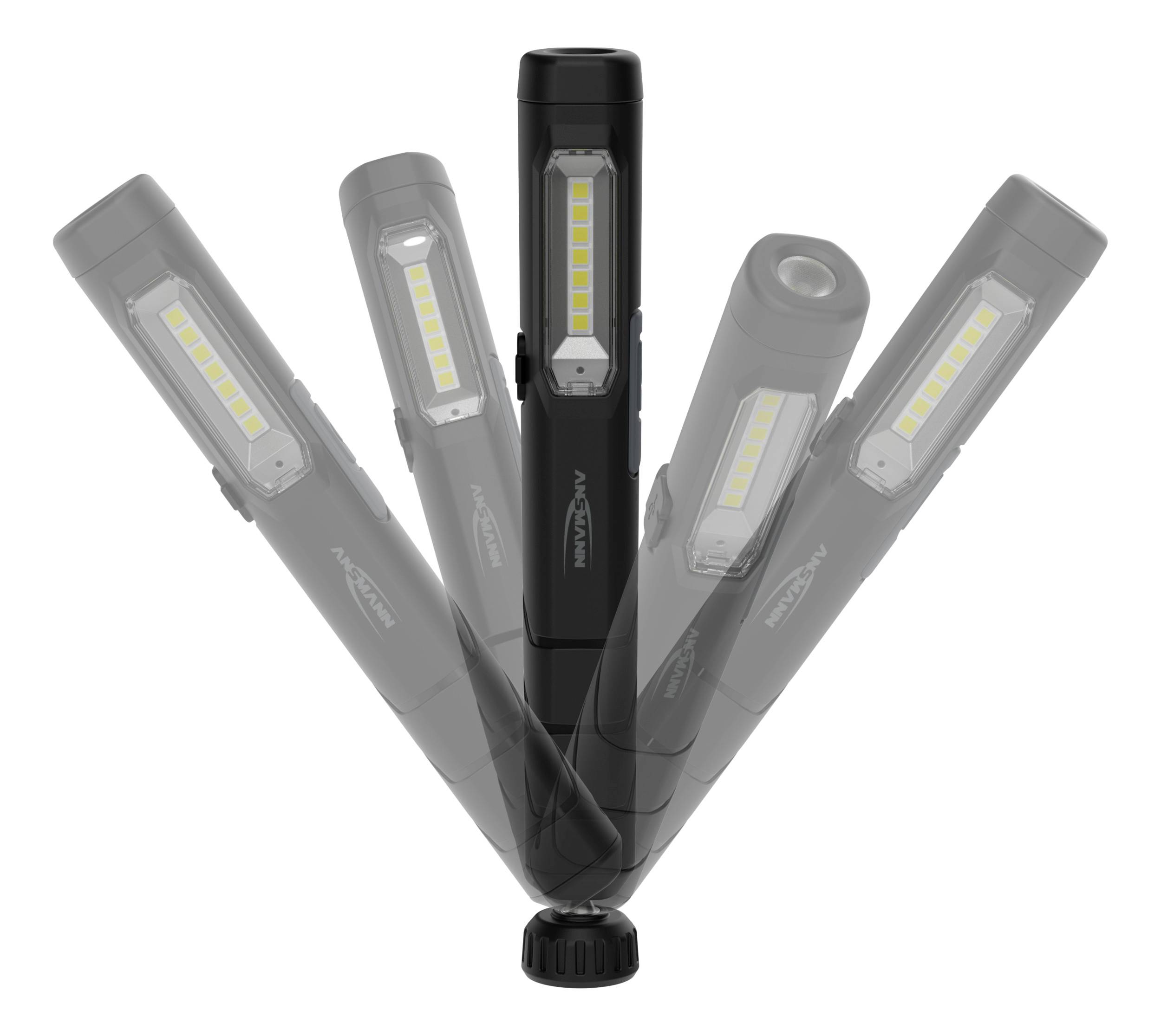 Eine schwarze Taschenlampe mit LED-Leuchte zeigt ihre flexible Verstellbarkeit in mehrere Richtungen.