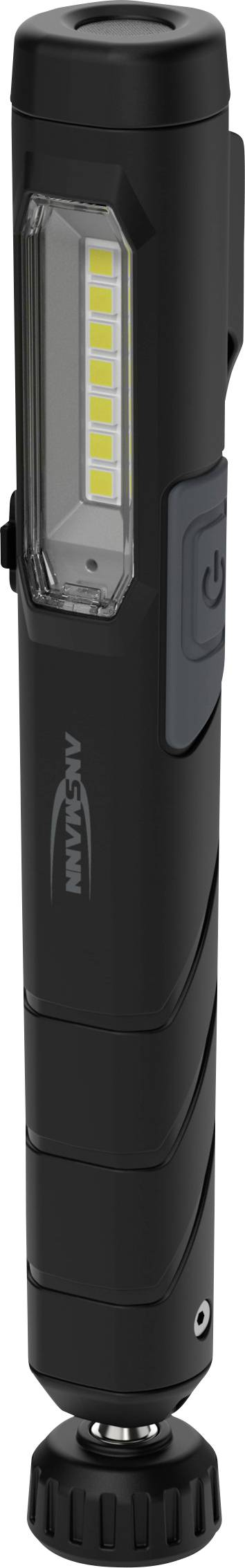 Eine schwarze, batteriebetriebene Taschenlampe mit seitlichen LED-Lichtern und einem Ein- und Ausschalter. Ideal für vielseitige Beleuchtung.