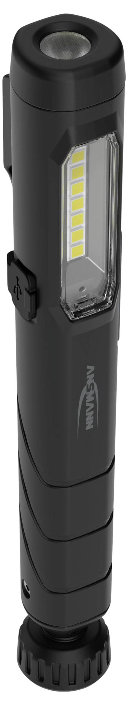 Schwarze Taschenlampe mit LED-Leiste an der Seite. Kompakte Größe, geeignet für vielseitige Anwendungen.