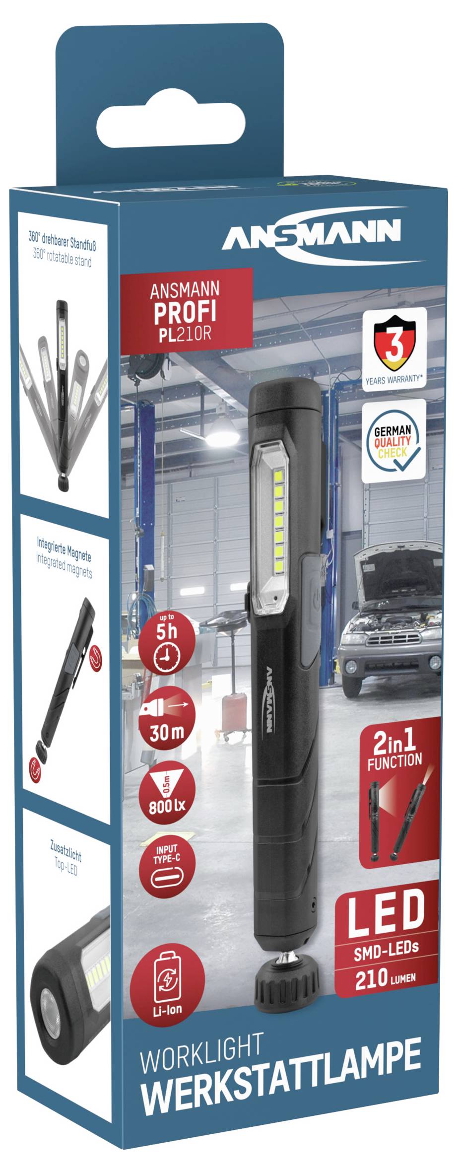 Verpackung einer Ansmann LED-Werkstattlampe PL210R mit 210 Lumen und 2-in-1 Funktion. Zeigt Produktinformationen und Garantiehinweise.