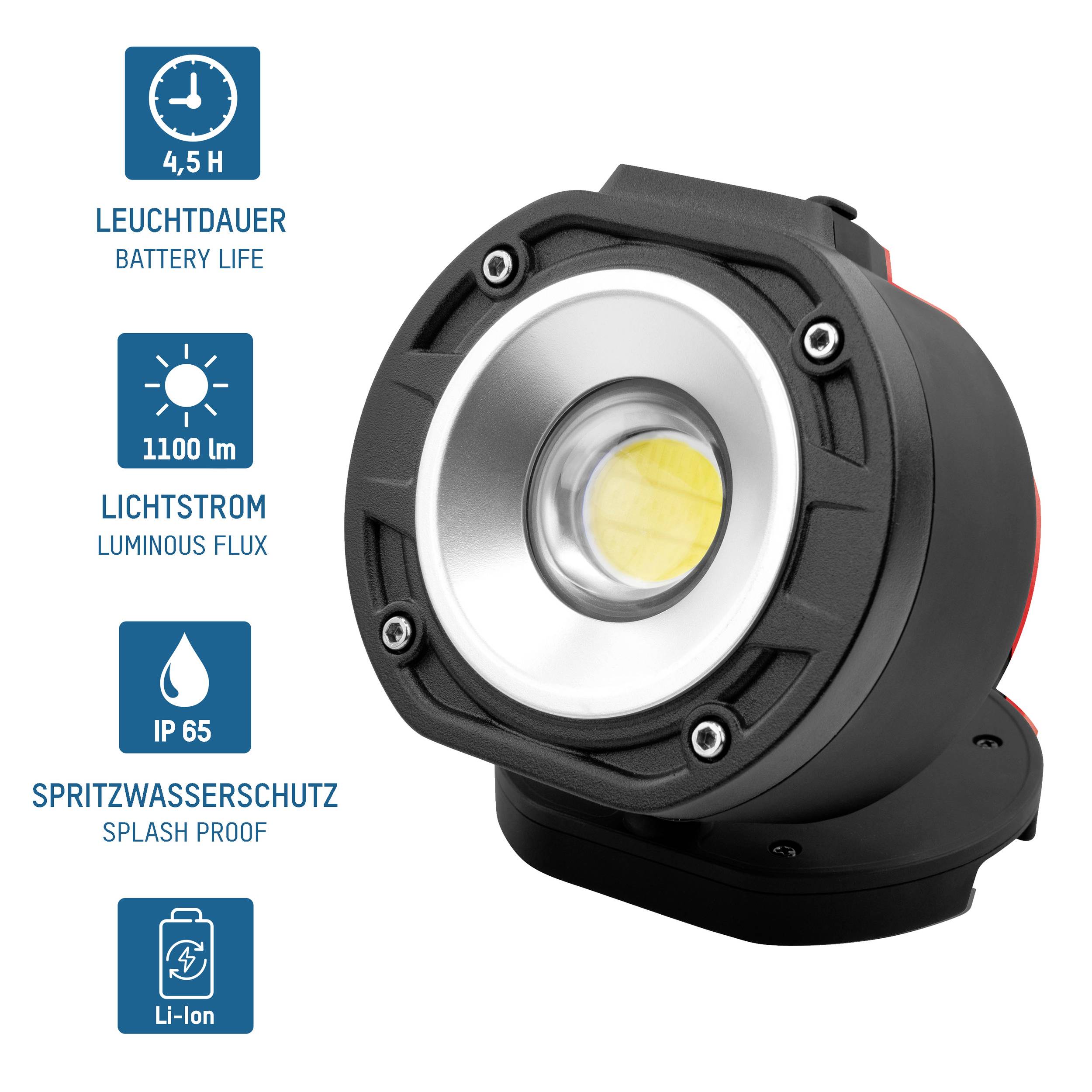 Runde, schwarze LED-Lampe mit Angaben: 4,5 Stunden Leuchtdauer, IP65 spritzwassergeschützt, 215 Lumen Lichtstrom, Li-Ion Akku.