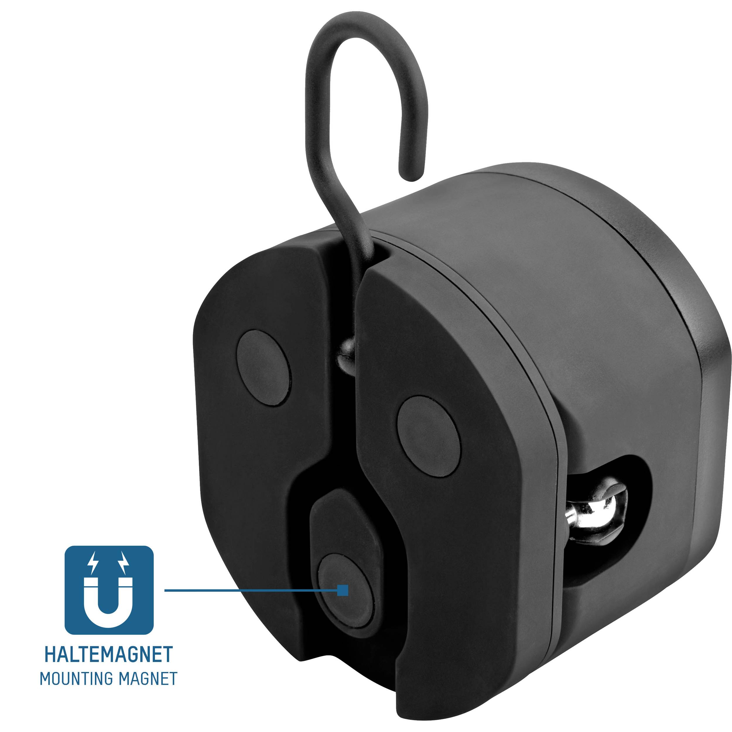 Schwarzer Haltemagnet mit Haken, robustes Design, geeignet zur Befestigung von Gegenständen.